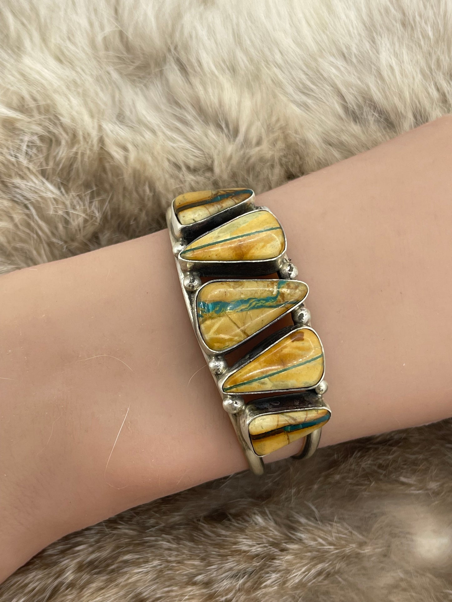 Ribbon Turquoise 5 Stone Cuff by Augustine Largo, Navajo 5.5"-7"