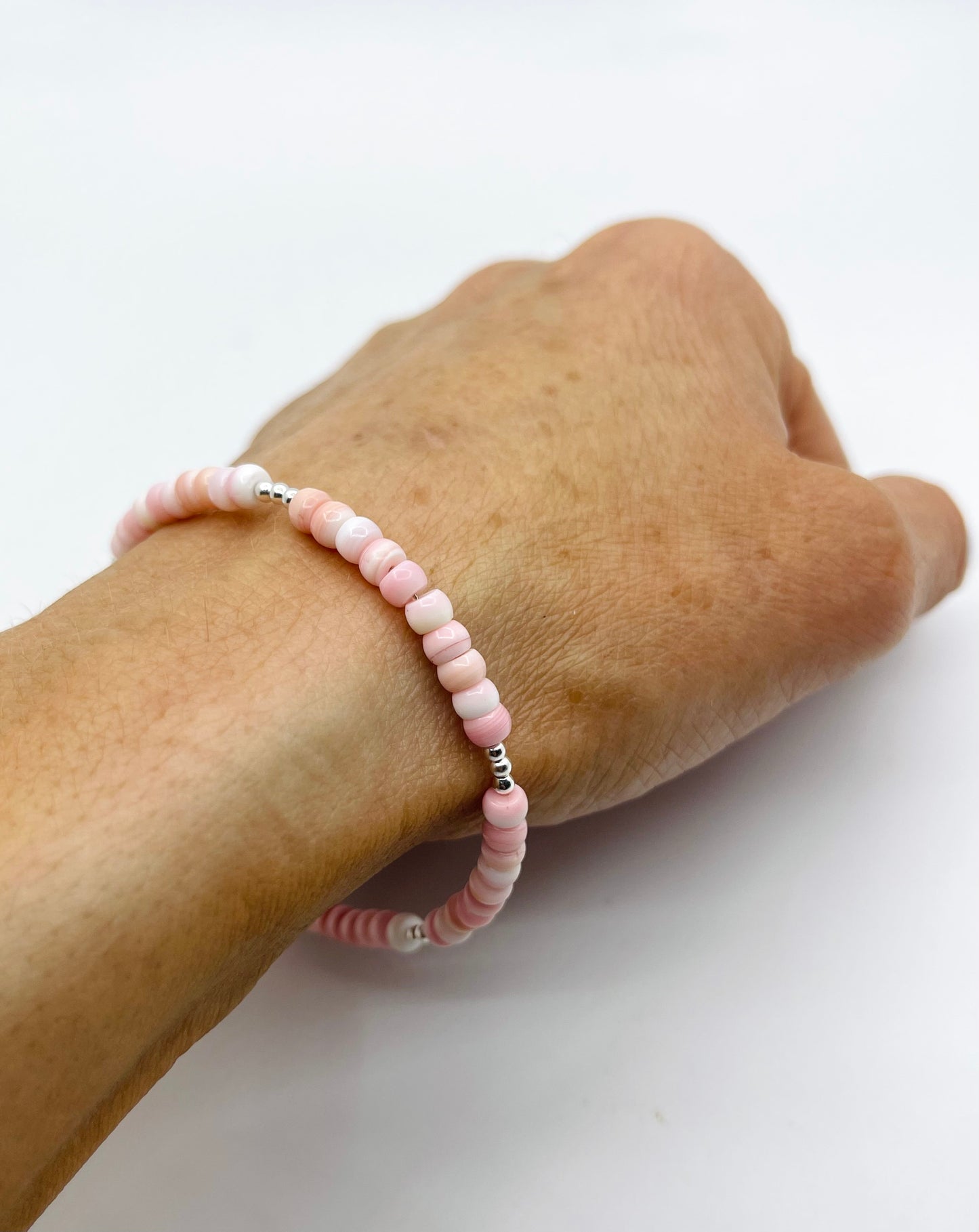 7" 4mm Pink Conch Shell Bracelet with Silver Beads