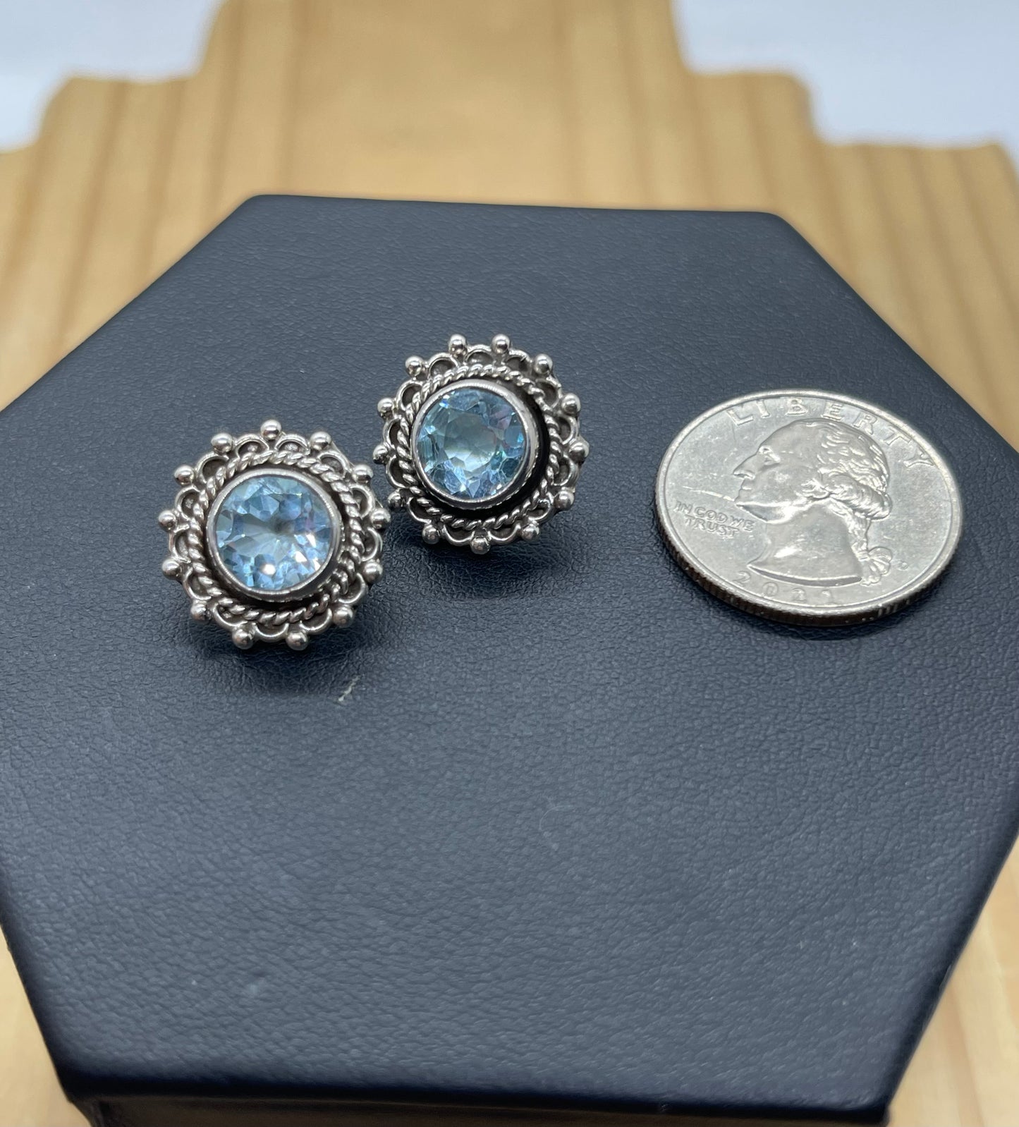 Blue Topaz Circle Post Earrings by James Many Goats, Navajo