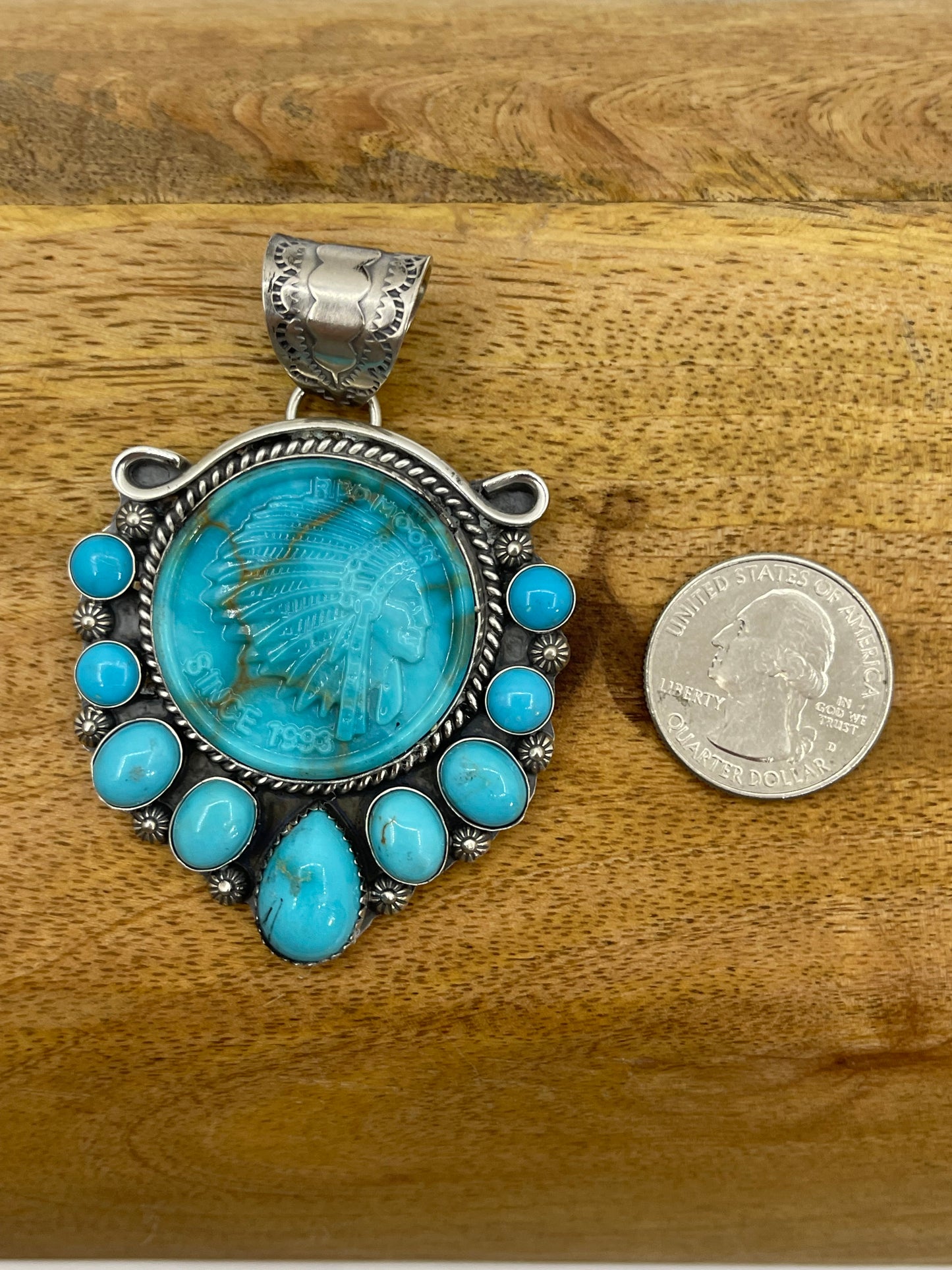 Carved Block Turquoise Chief Head Pendant