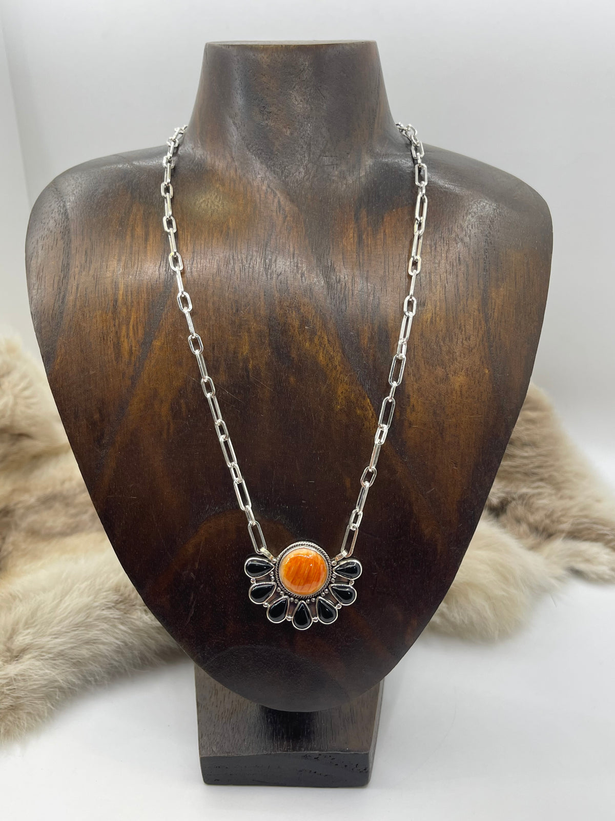 18" Orange Spiny Oyster Shell & Black Onyx Half Cluster