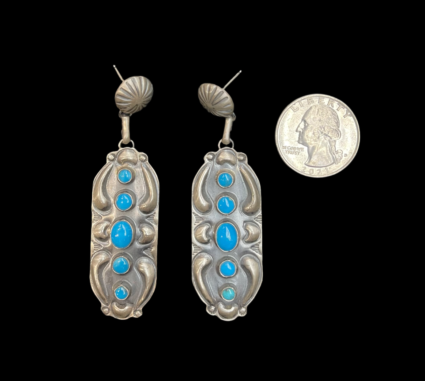 Sleeping Beauty Turquoise 5 Stone Stamped Concho Post Dangle by Jeff James Jr., Navajo