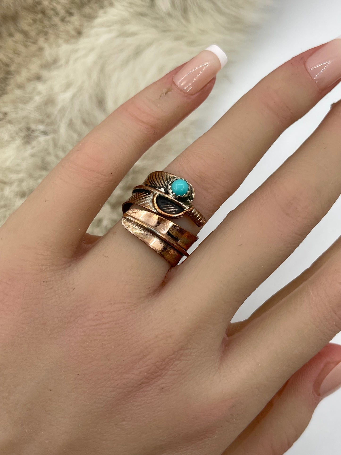 Copper Adjustable Feather Ring with Turquoise by Aaron Davis, Navajo