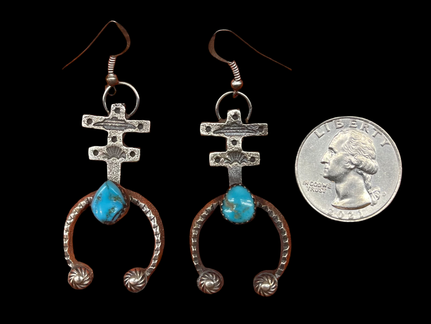 Kingman Turquoise Naja Dangle Earrings by Kevin Billah, Navajo