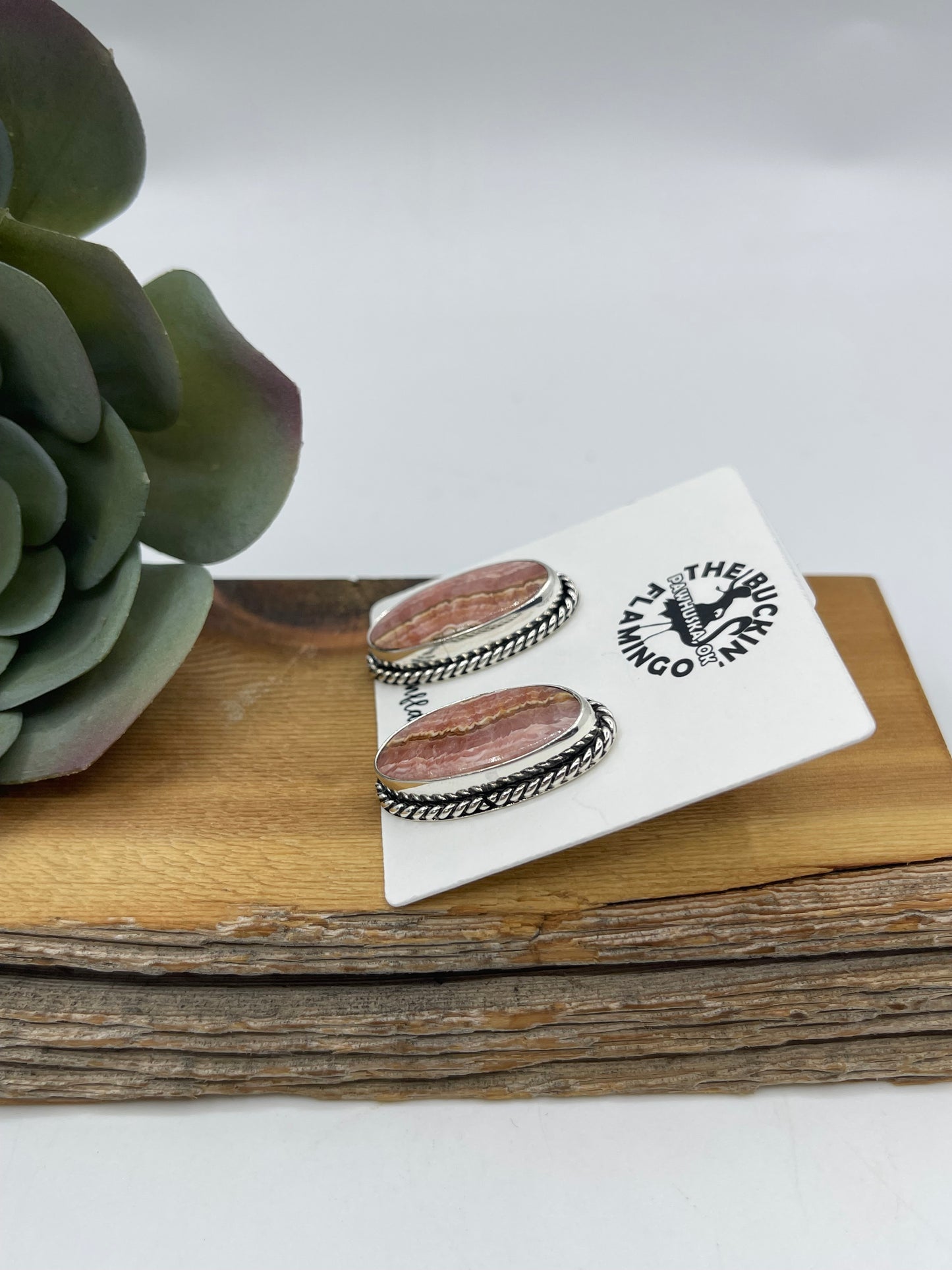 Oval Rhodochrosite Post Earrings by Duane Smith, Navajo