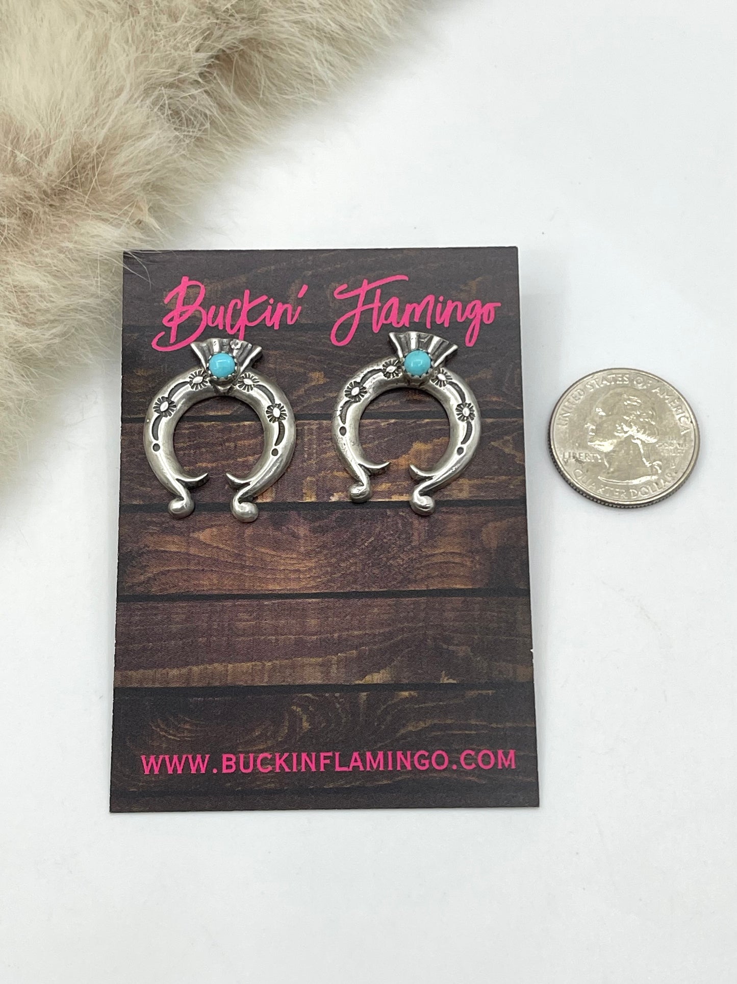 Stamped Naja Post Earrings with Turquoise by Adrienne Gordon, Navajo