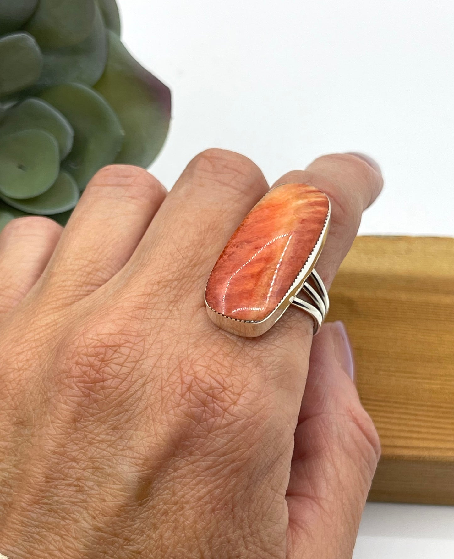 7.0 Orange Spiny Oyster Shell Ring by Mina Benally, Navajo