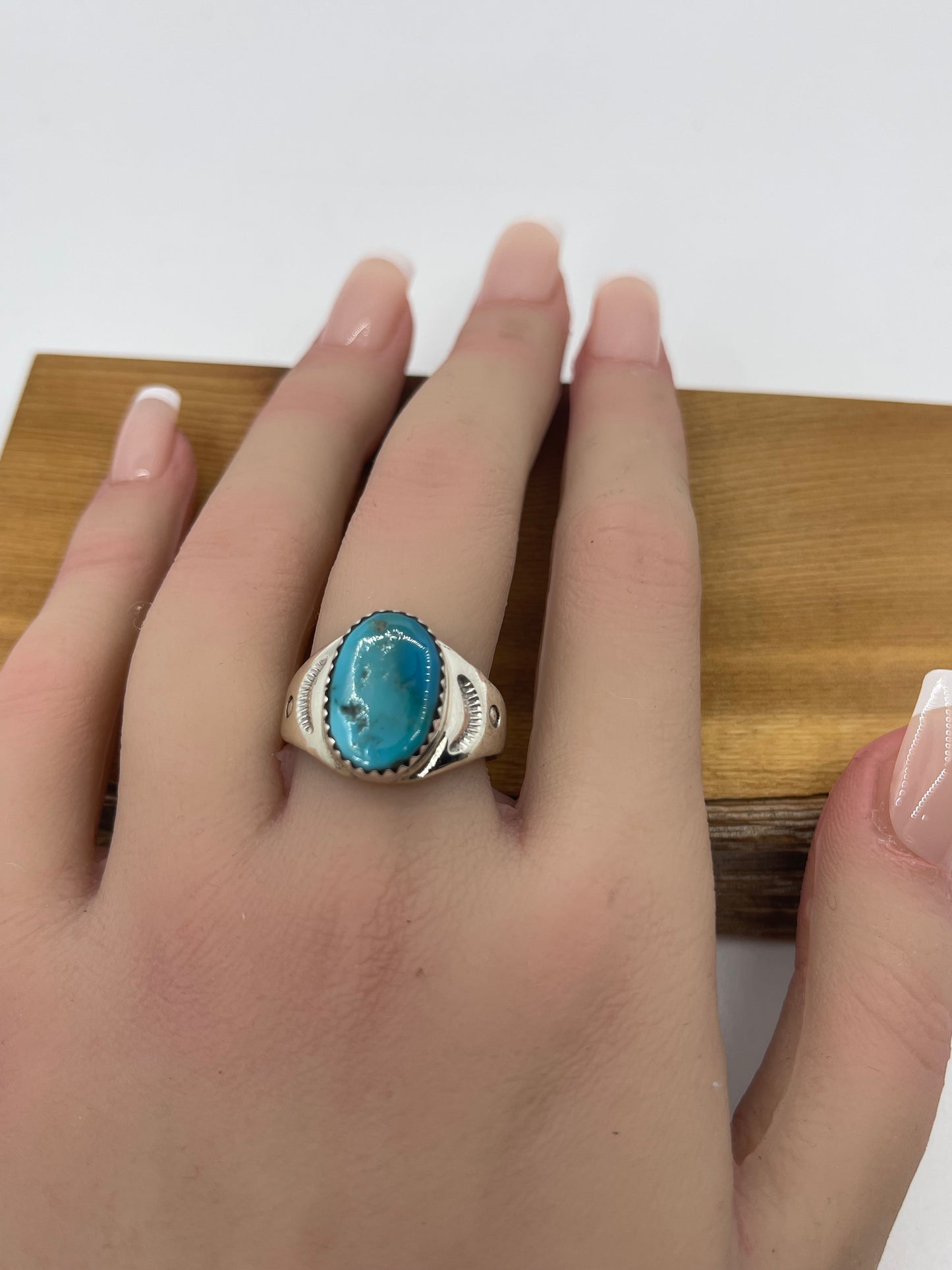 9.5 Turquoise Oval Ring by Mary Lincoln, Navajo(Matrix Varies)