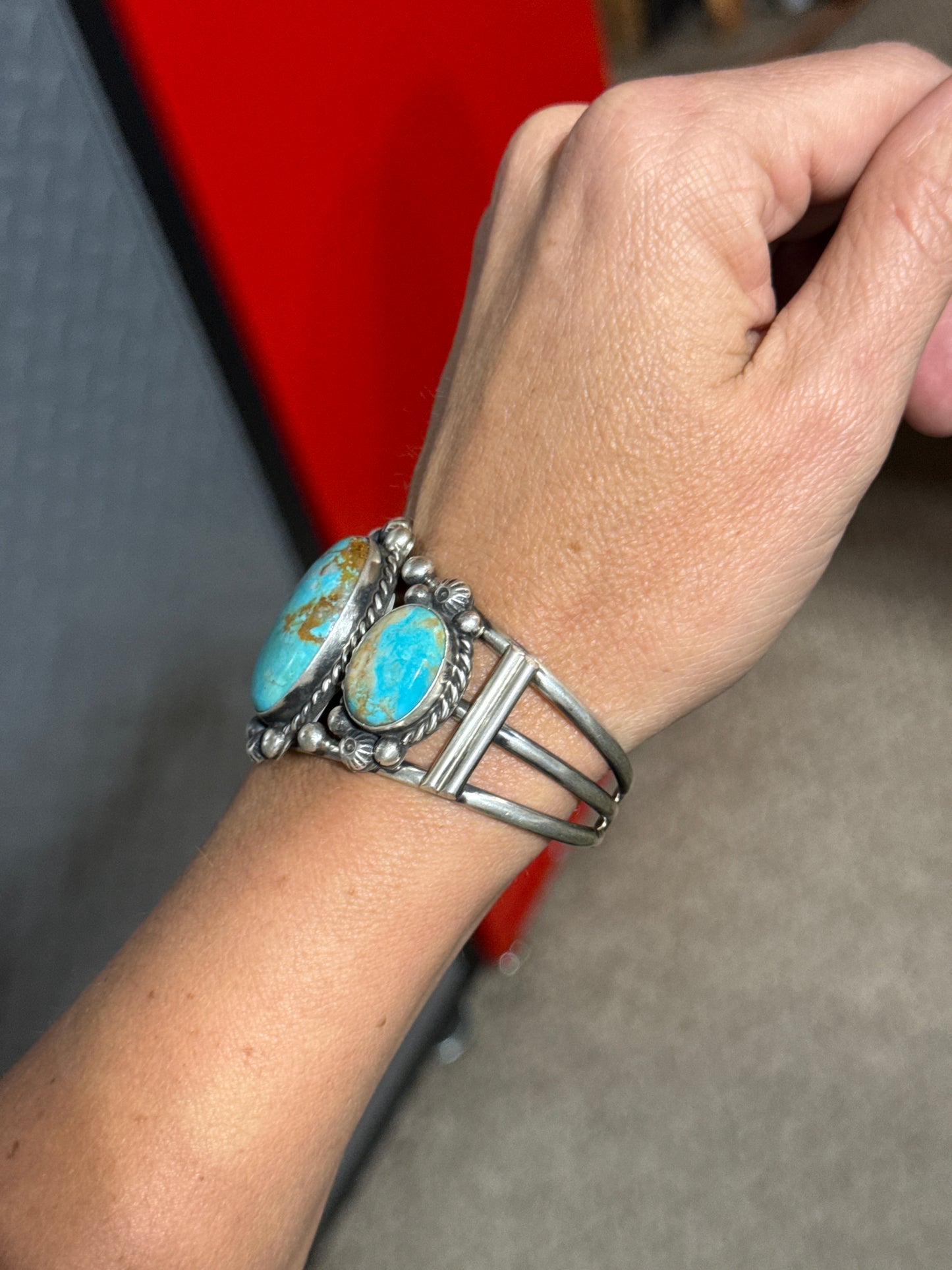 3 Stone Kingman Turquoise Cuff by Augustine Largo, Navajo