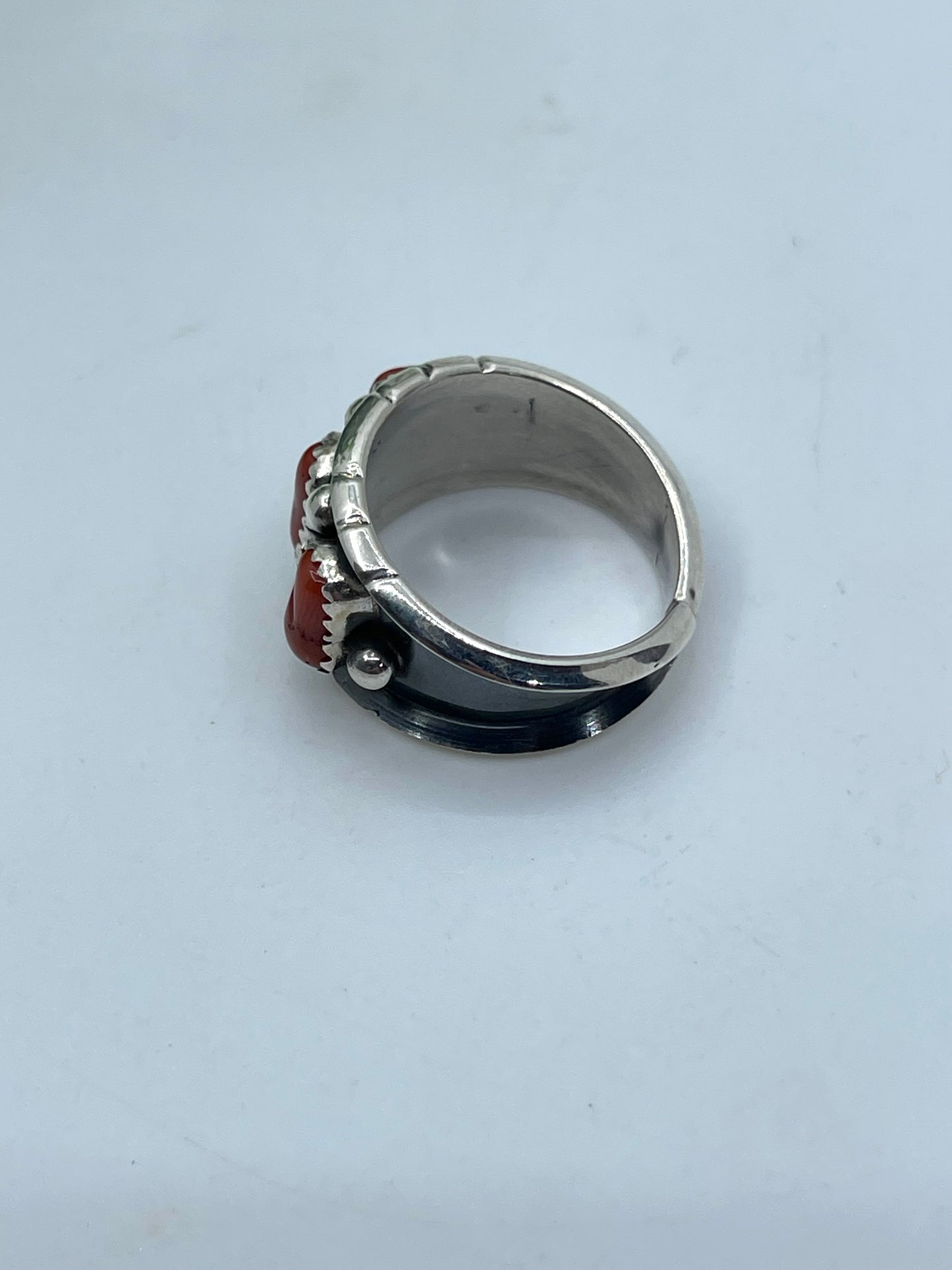 11.0 Red Coral 3 Stone Ring by Reed Charley, Navajo