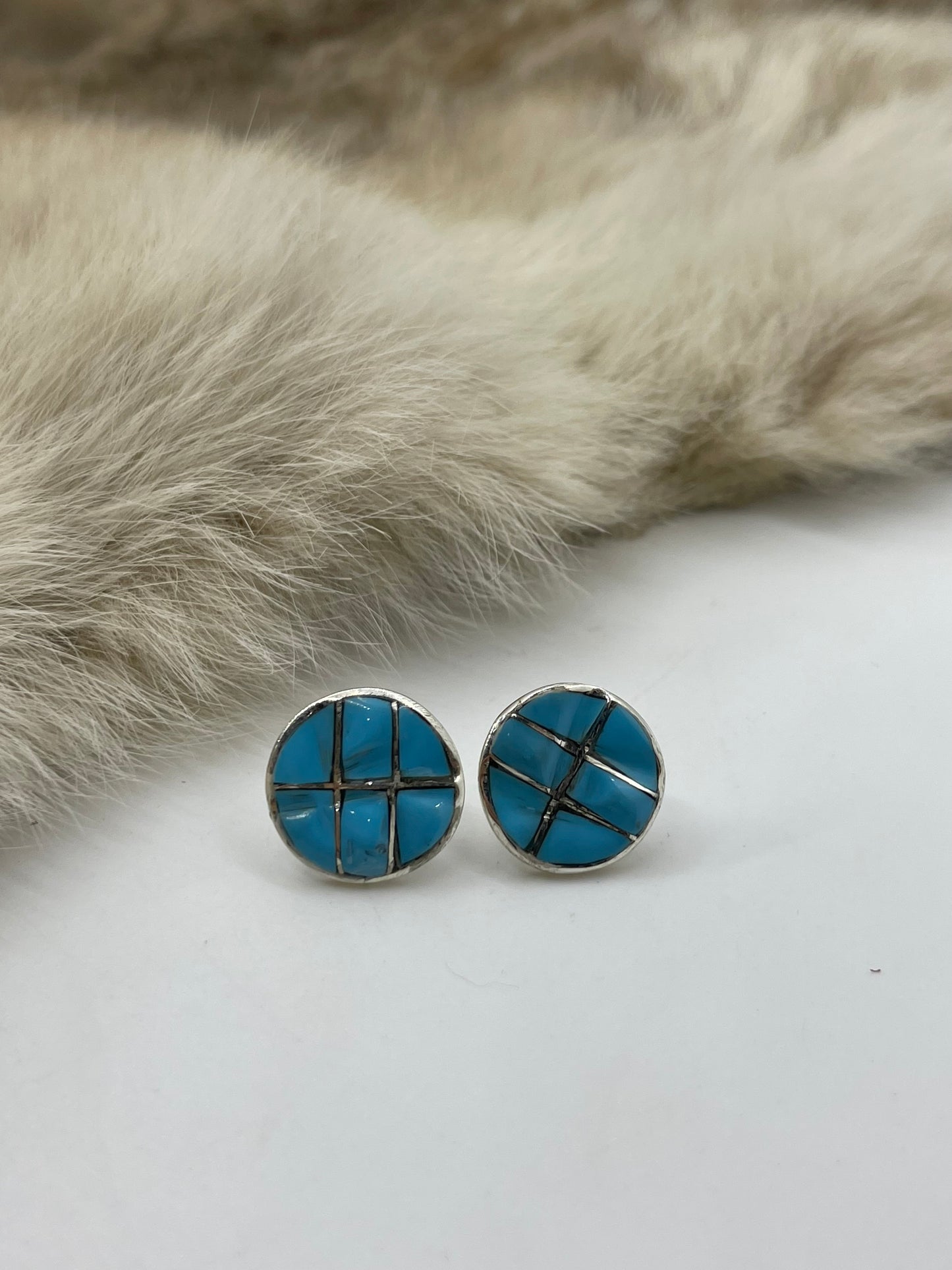CIRCLE INLAY TURQUOISE POST IN CENTER EARRINGS BY LILY MALANI, ZUNI