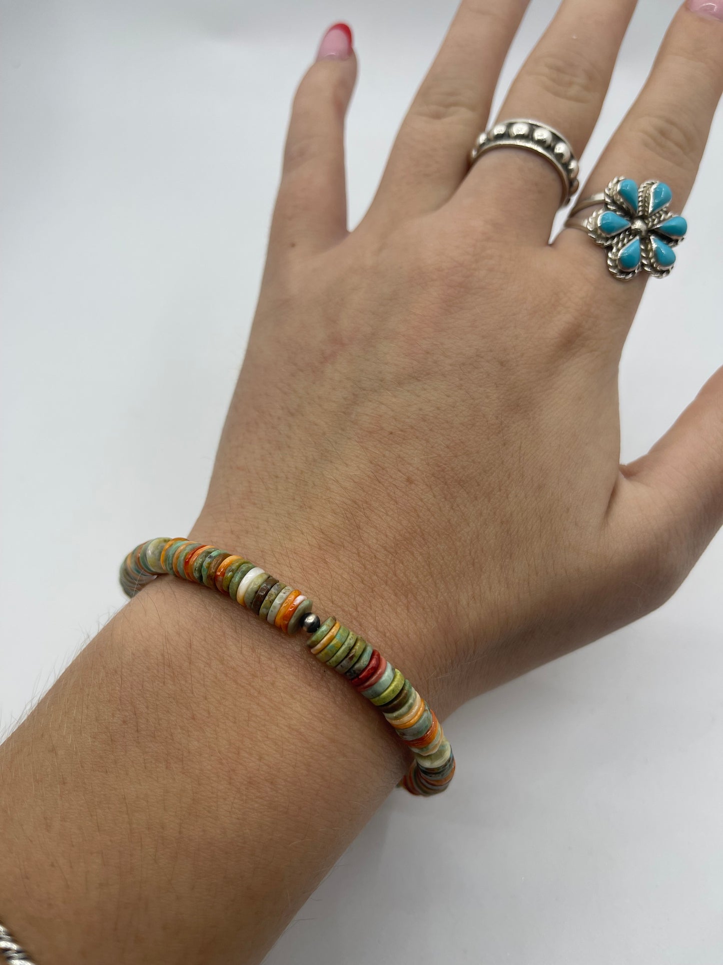 Spiney Oyster and Royston Turquoise Heishi Bead Bracelet with 3mm Pearls 8.5"