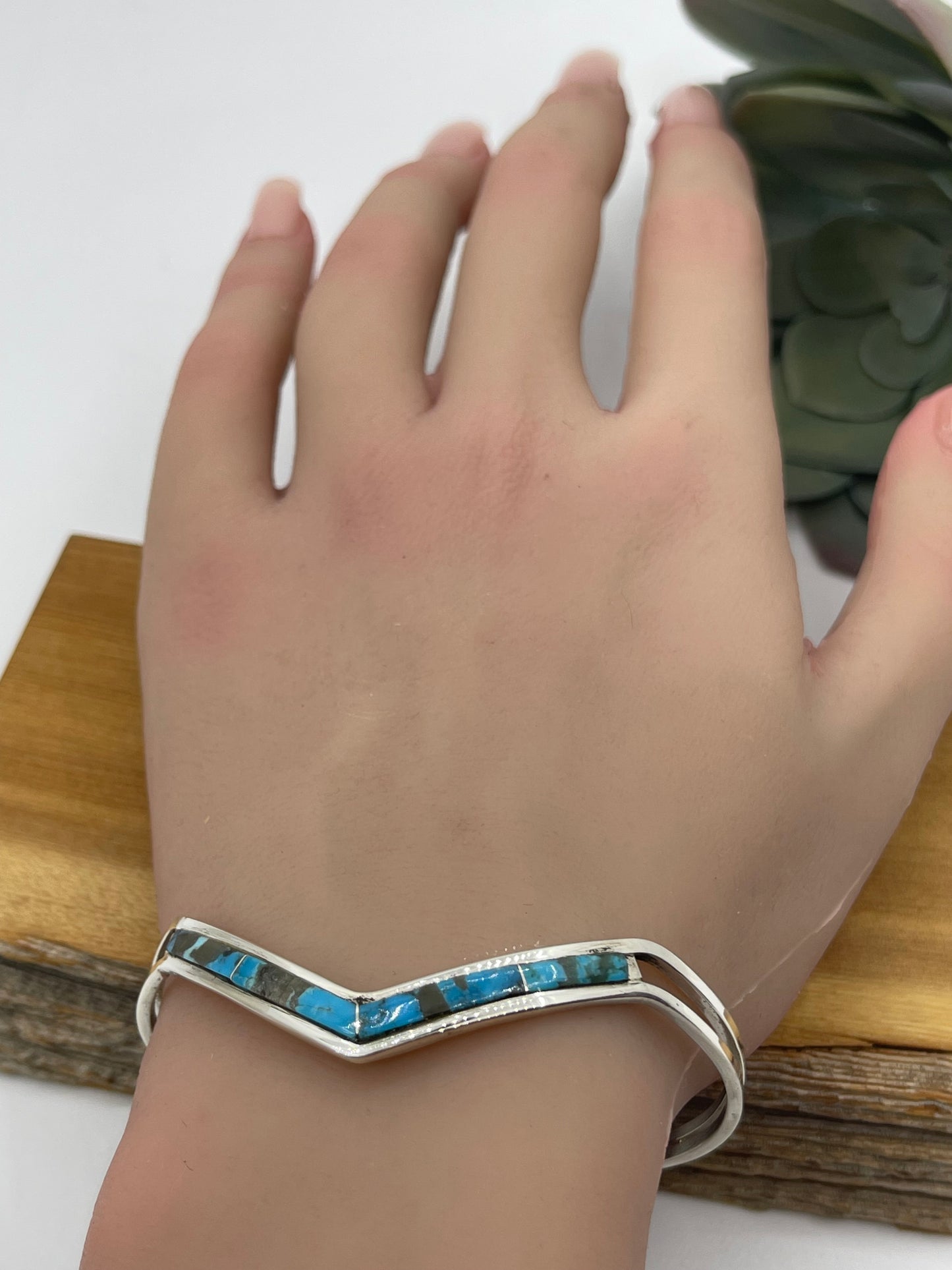 6 1/2" Turquoise Inlay Chevron Cuff by Jamie Johnson, Navajo