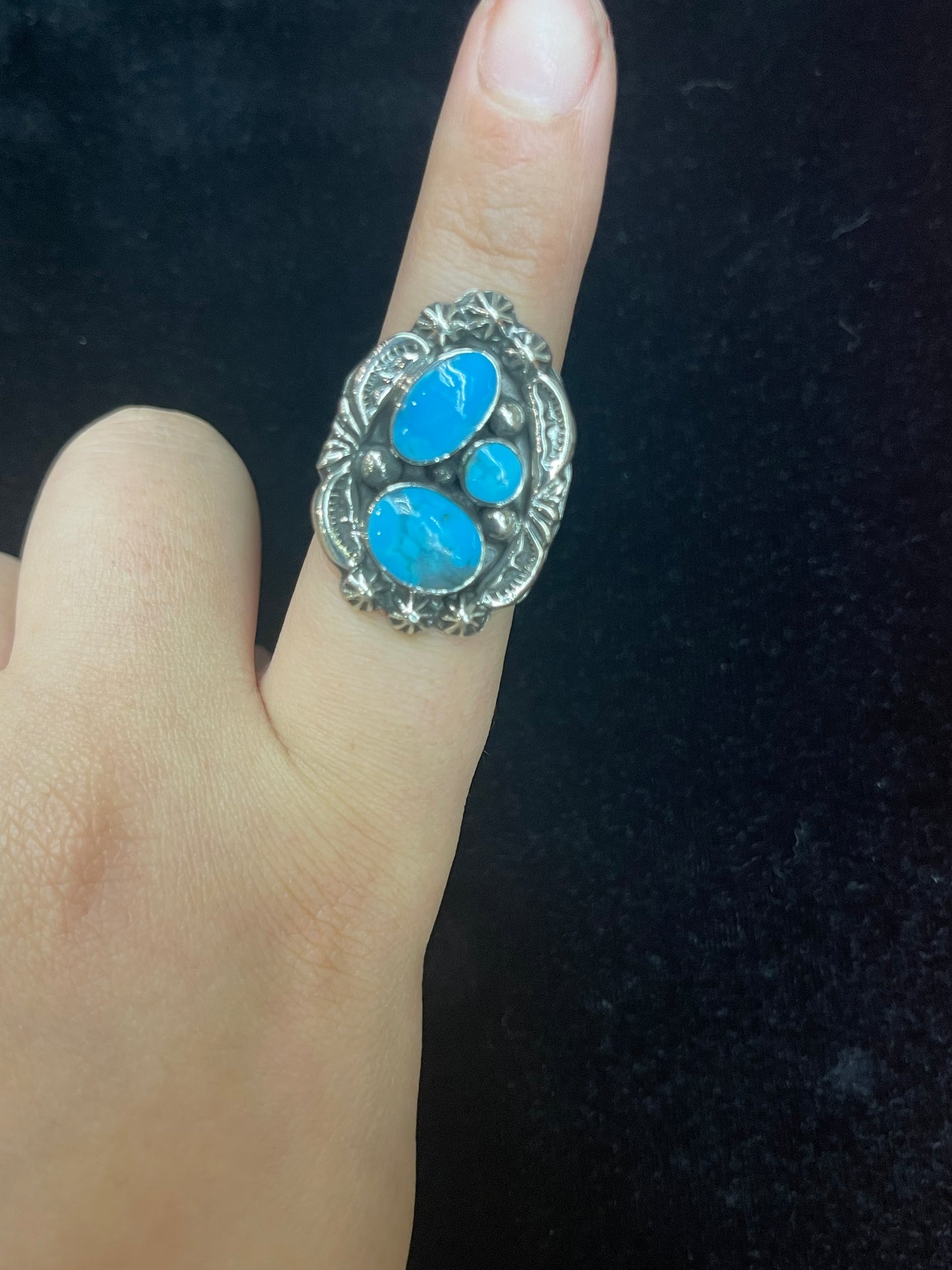 6.0 Three Stone Turquoise Ring by Leona Delgarito, Navajo