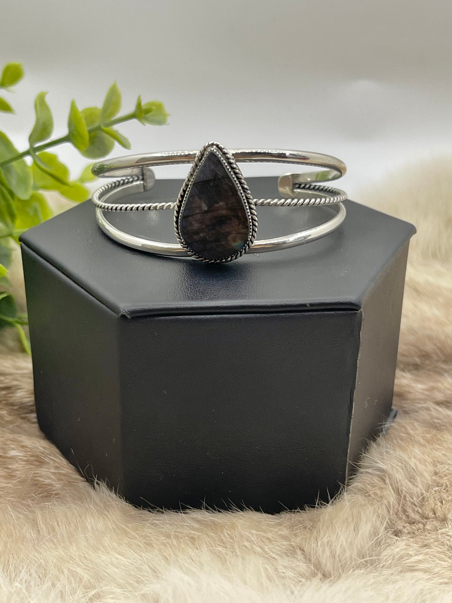 Teardrop Labradorite Silver Cuff Bracelet By Tina Benally, Navajo