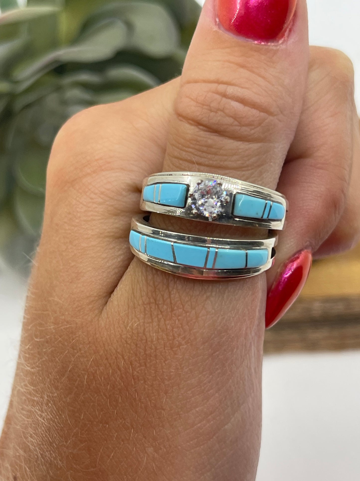 9.5 Sleeping Beauty Turquoise and Cubic Zirconia Engagement Ring and Wedding Band Sets
