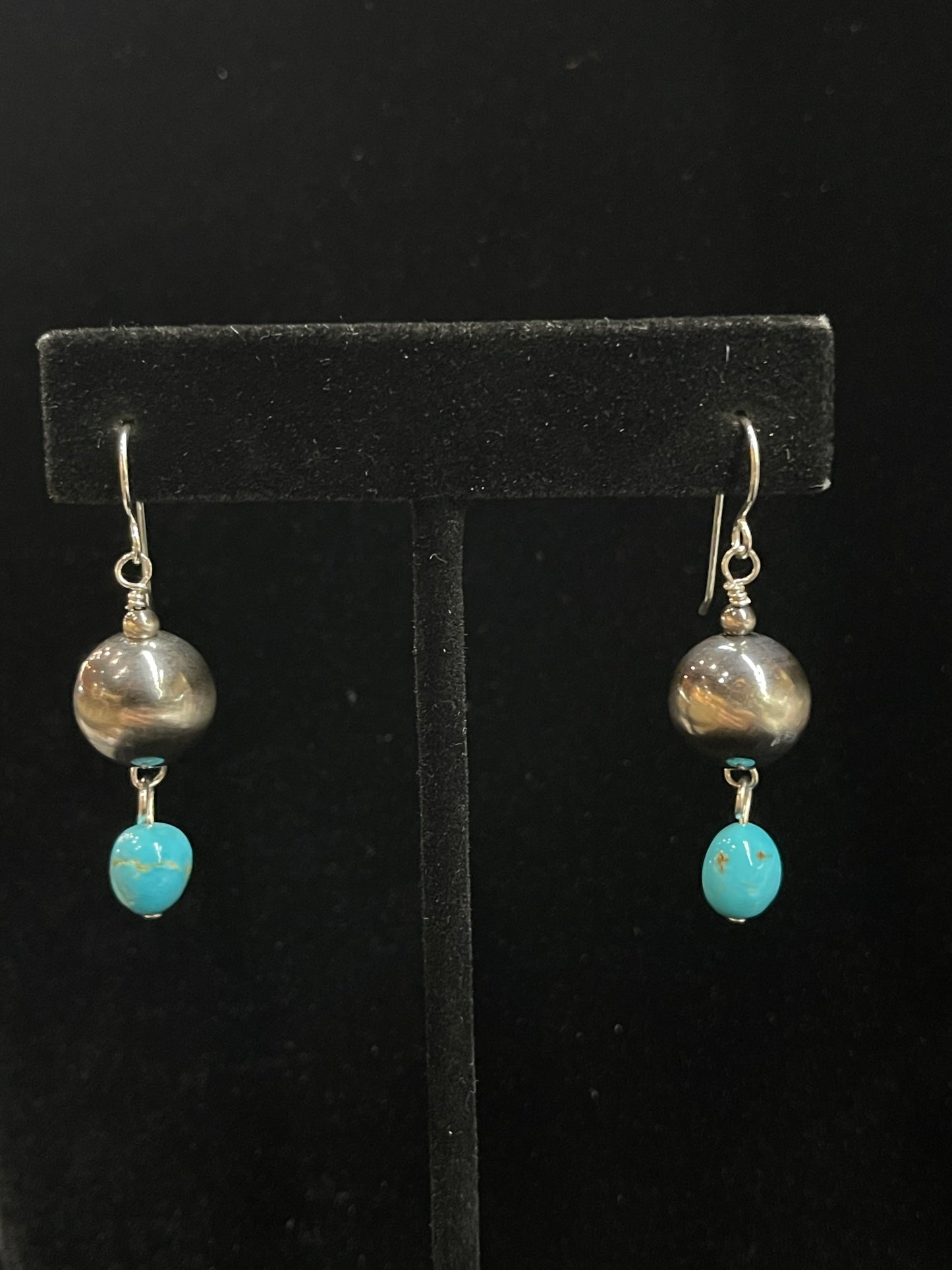 12mm Silver Pearl with Turquoise Nugget Dangle Earrings