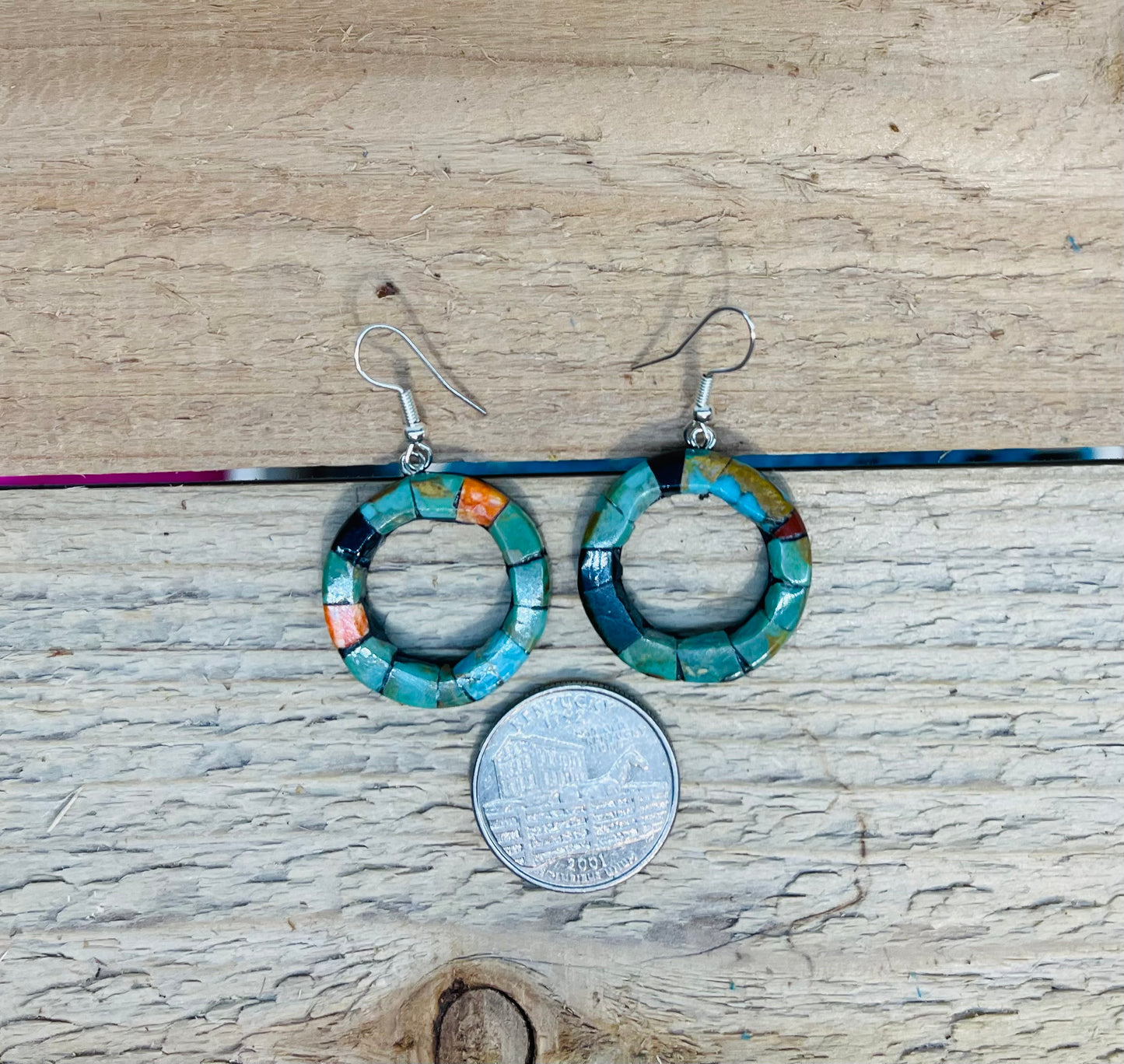Paper Thin Inlay Lapidary Circle Dangle Earrings by Charles Bird