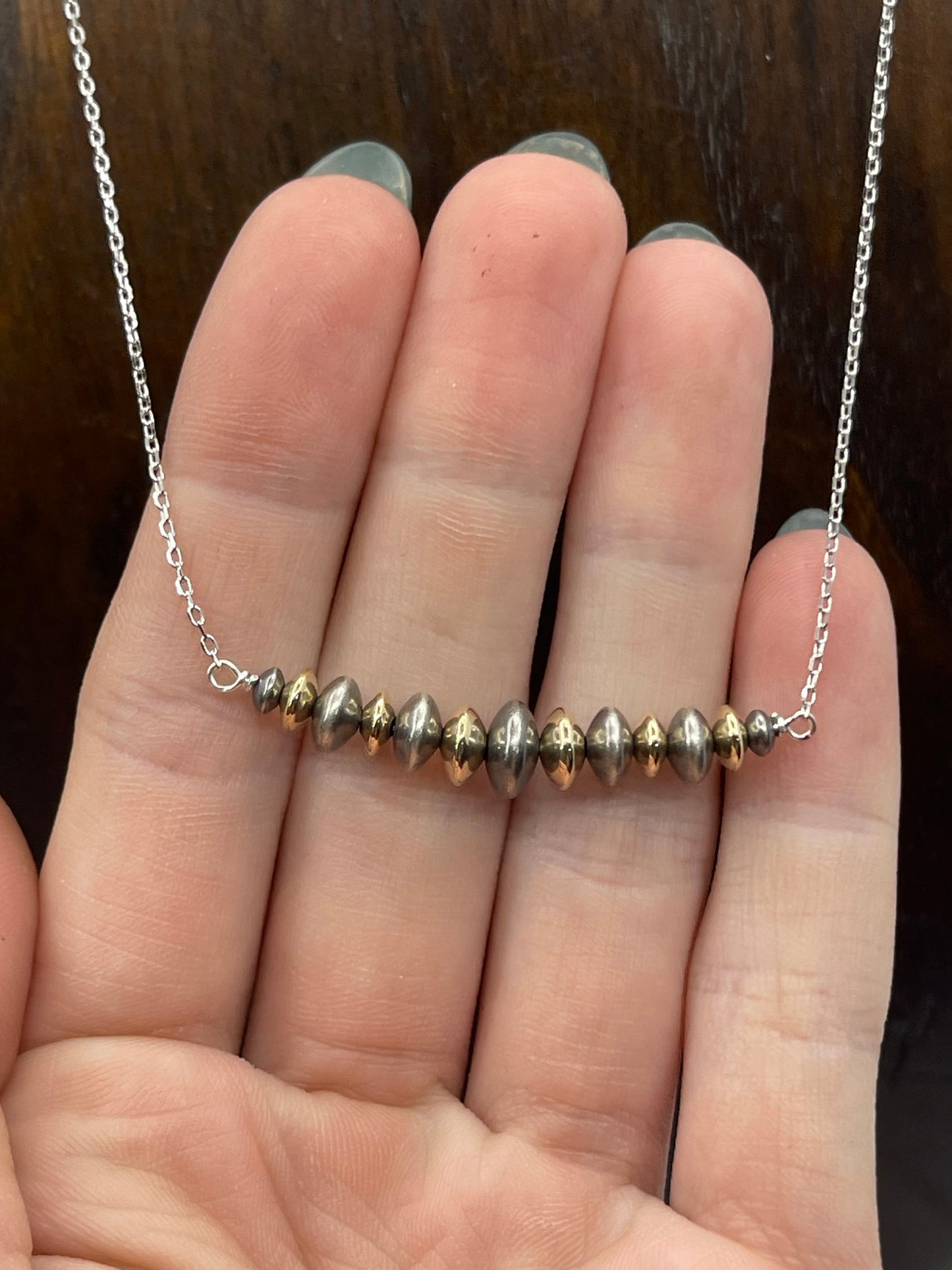 16" 14k Gold Filled and Sterling Silver Navajo Pearls Bar Necklace