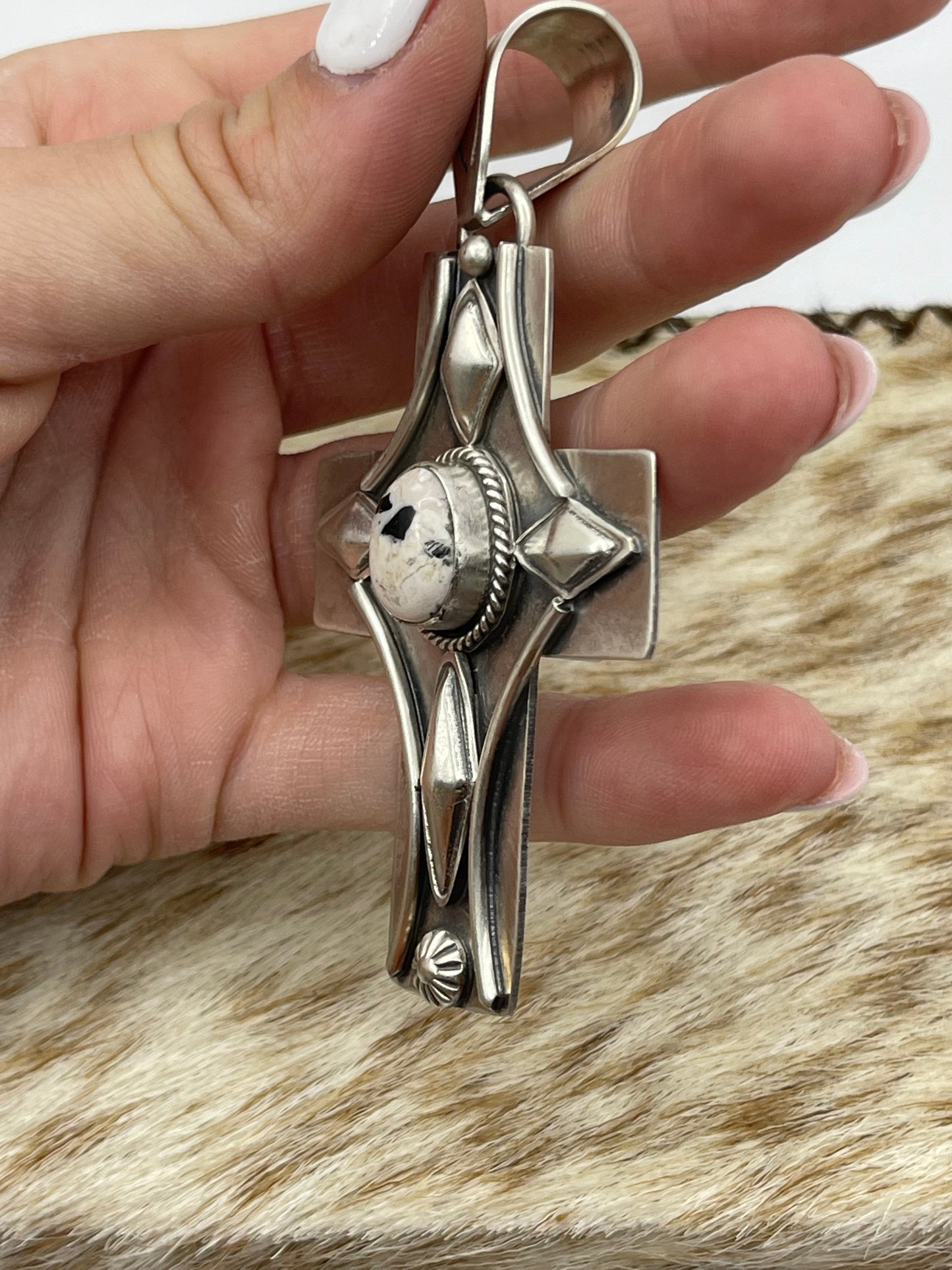 White Buffalo Cross Pendant with a 10.8mm Bale by Gabby Jurado,Mexican