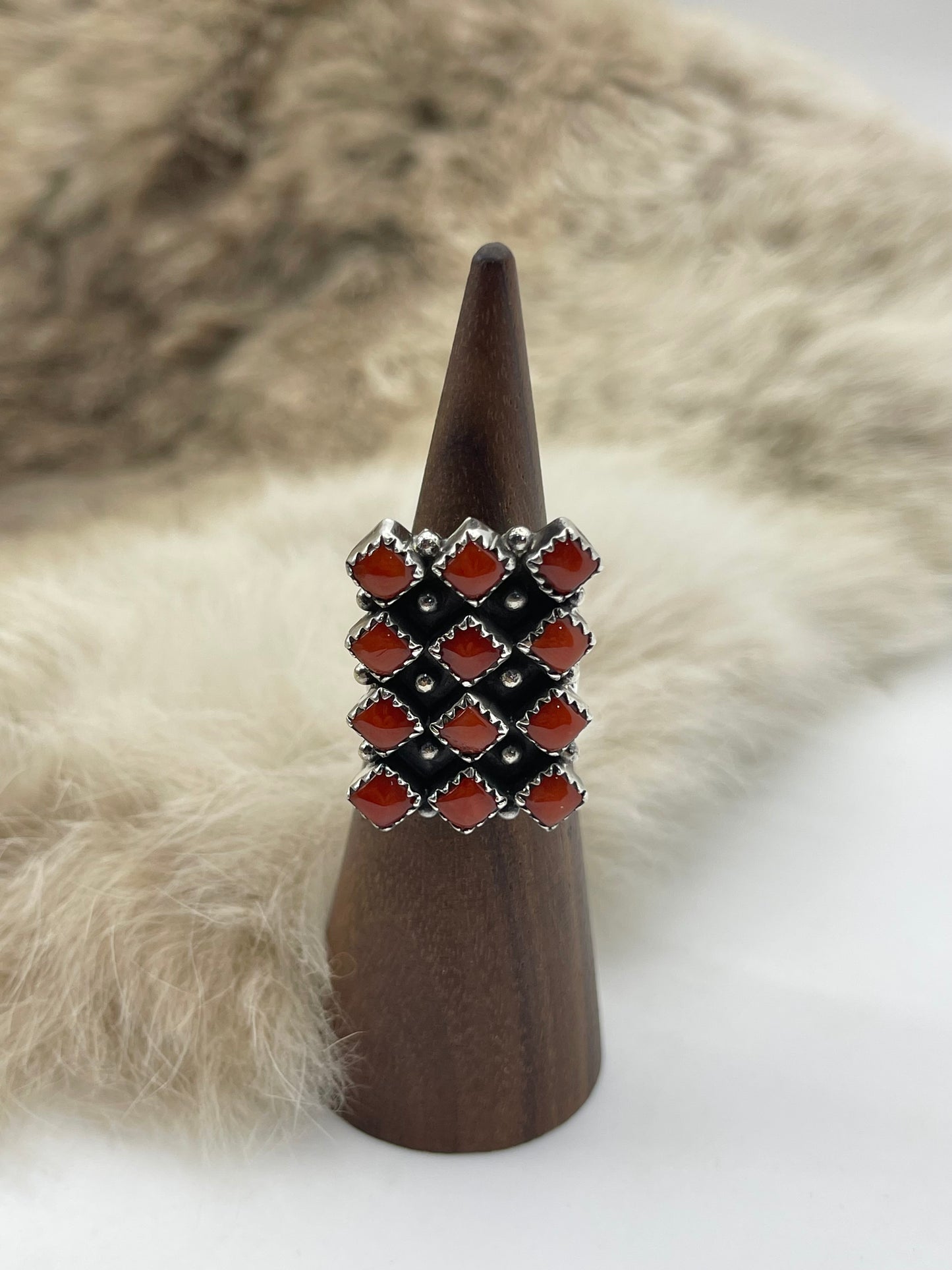 5.0 Red Coral 12 Stone Ring by Verley Betone, Navajo