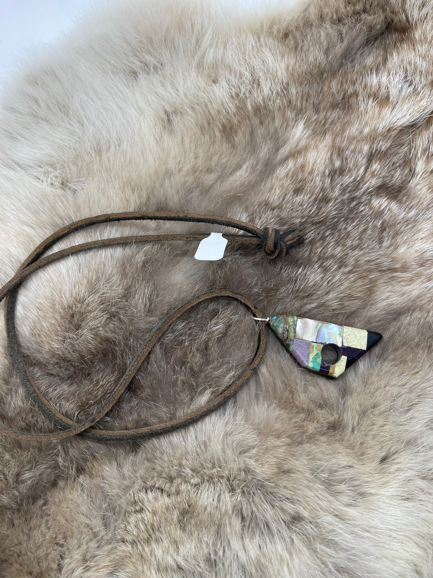 22" Hand Cut Multi Stone Leather Necklace by Charles Bird, Santo Domingo