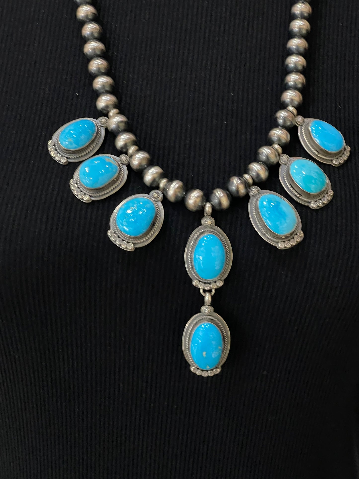 24"+3" 8 Stone Turquoise Lariat Necklace with Navajo Pearls by Gilbert Platero, Navajo