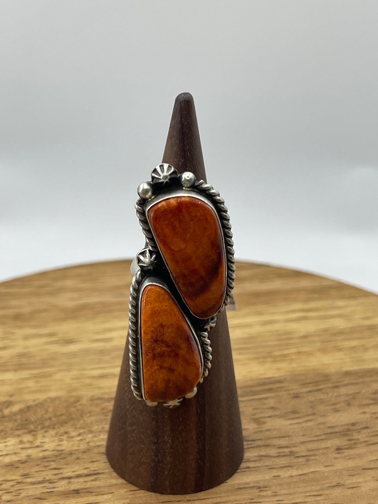 Adjustable 2 Stone Orange Spiny Oyster Shell ring by Eugene Belone, Navajo