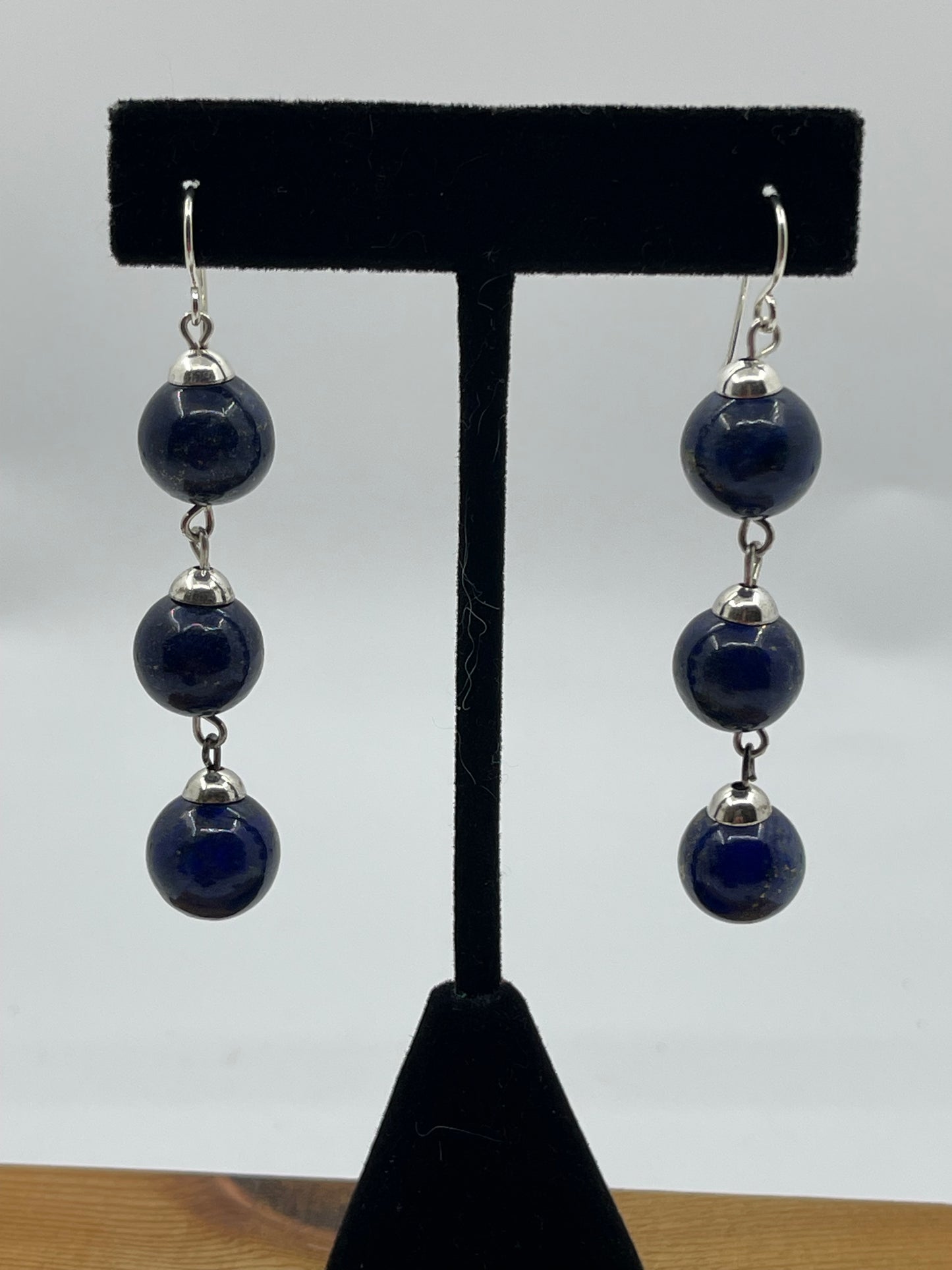 12.6mm 3 Stone Lapis Dangle Earrings