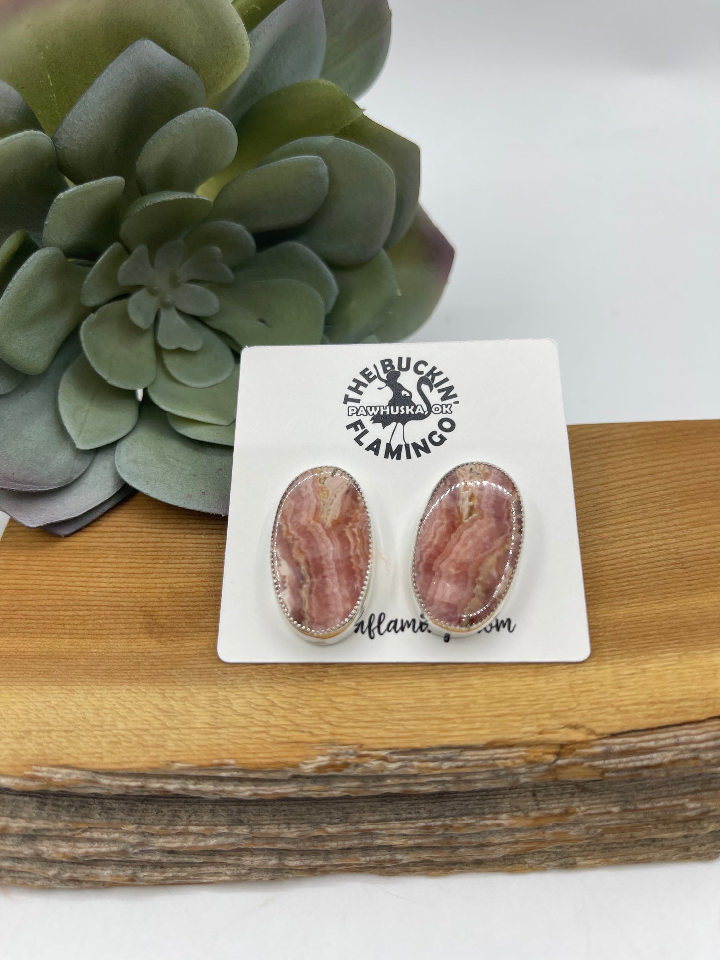Oval Rhodochrosite Post Earrings by Duane Smith, Navajo
