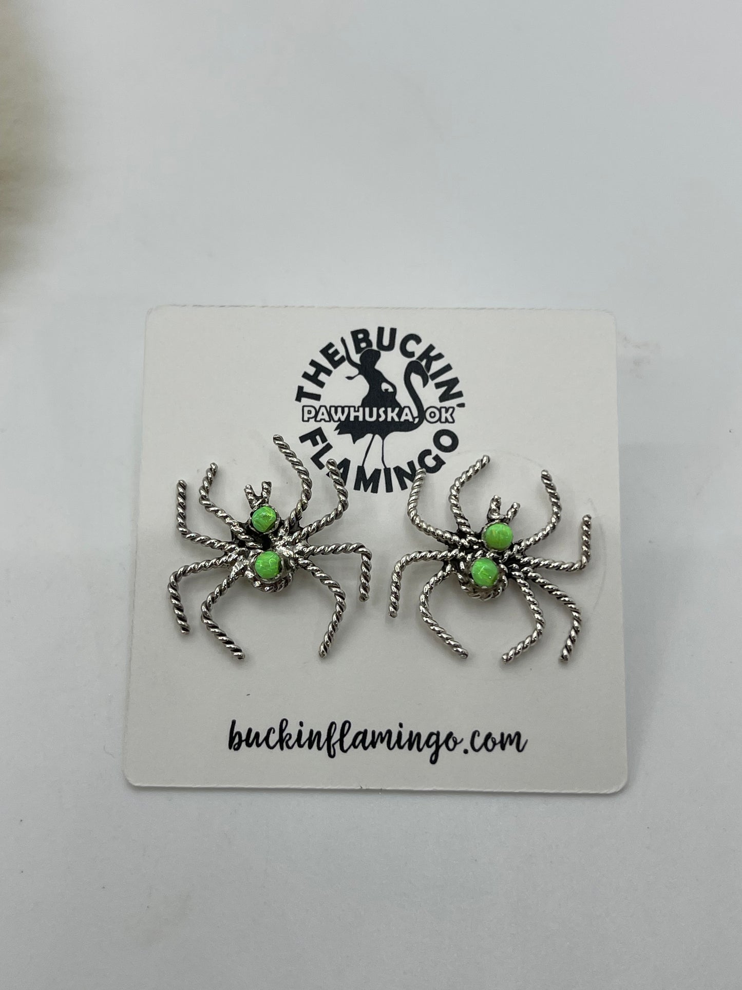 Green Opal Spider Post Earrings by Gilber Weebothee, Zuni