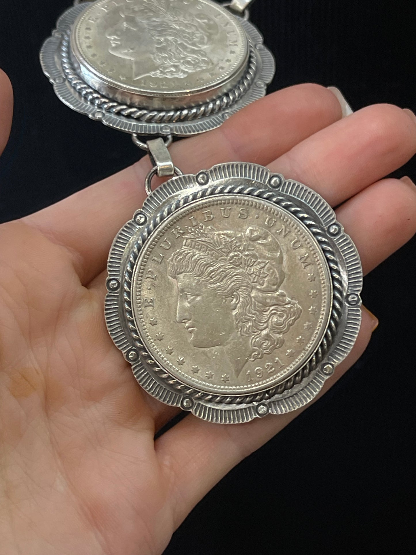 36"+4.5" Antique 1921 Morgan Silver Dollars Lariat Coin Necklace