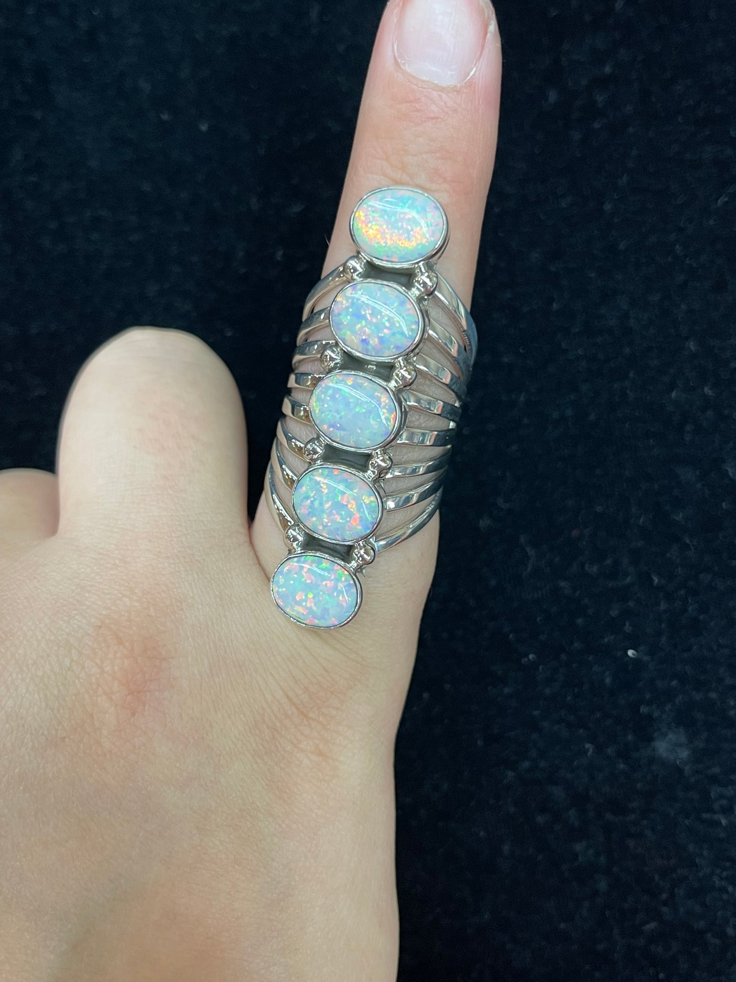 White Opal Five Stone Ring by Thomas Yazzie, Navajo