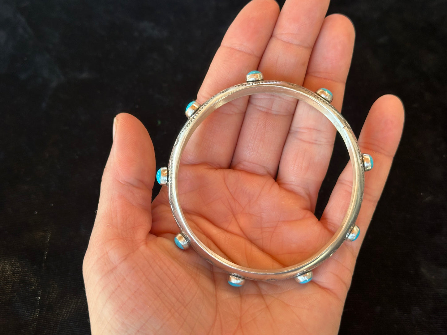 7 3/4" Sleeping Beauty Turquoise Stamped Bangle by Boyd Ashley, Navajo