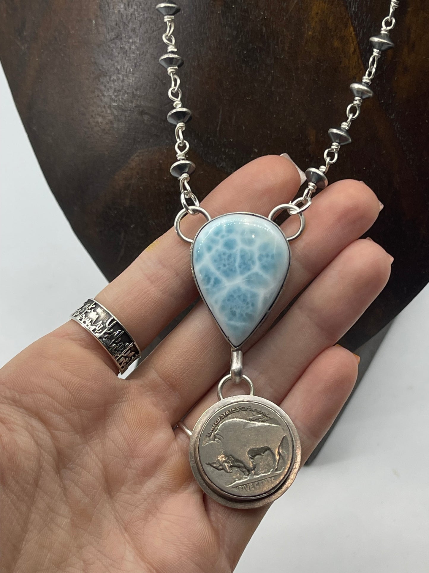18" Larimar Rosary Style Necklace by Calvin Delgarito, Navajo