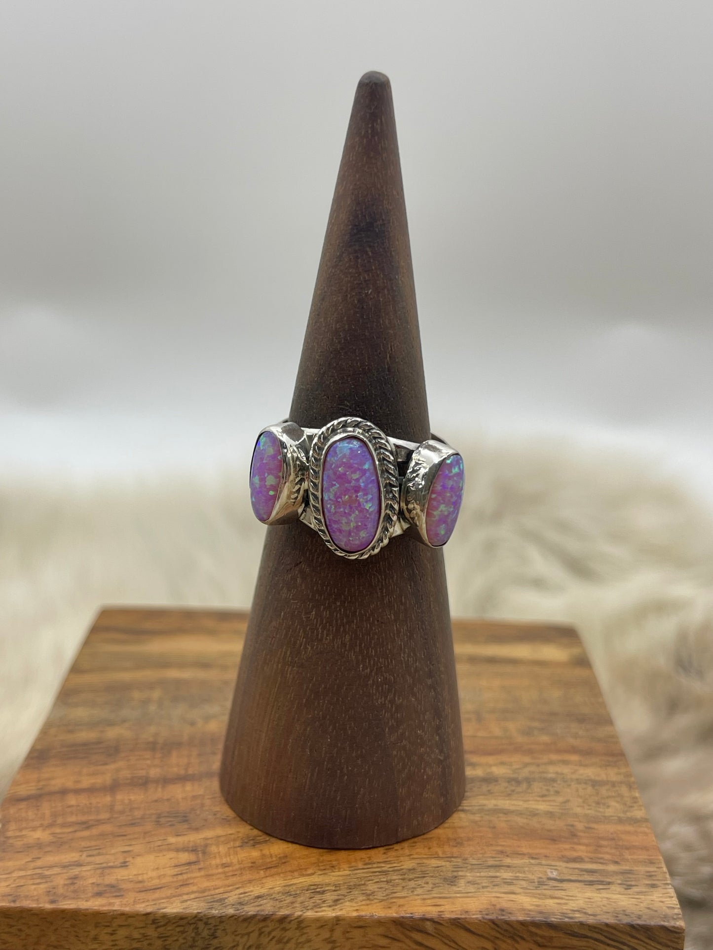 6.0 Pink Opal 3 Stone Ring by Andrew Vandever, Navajo