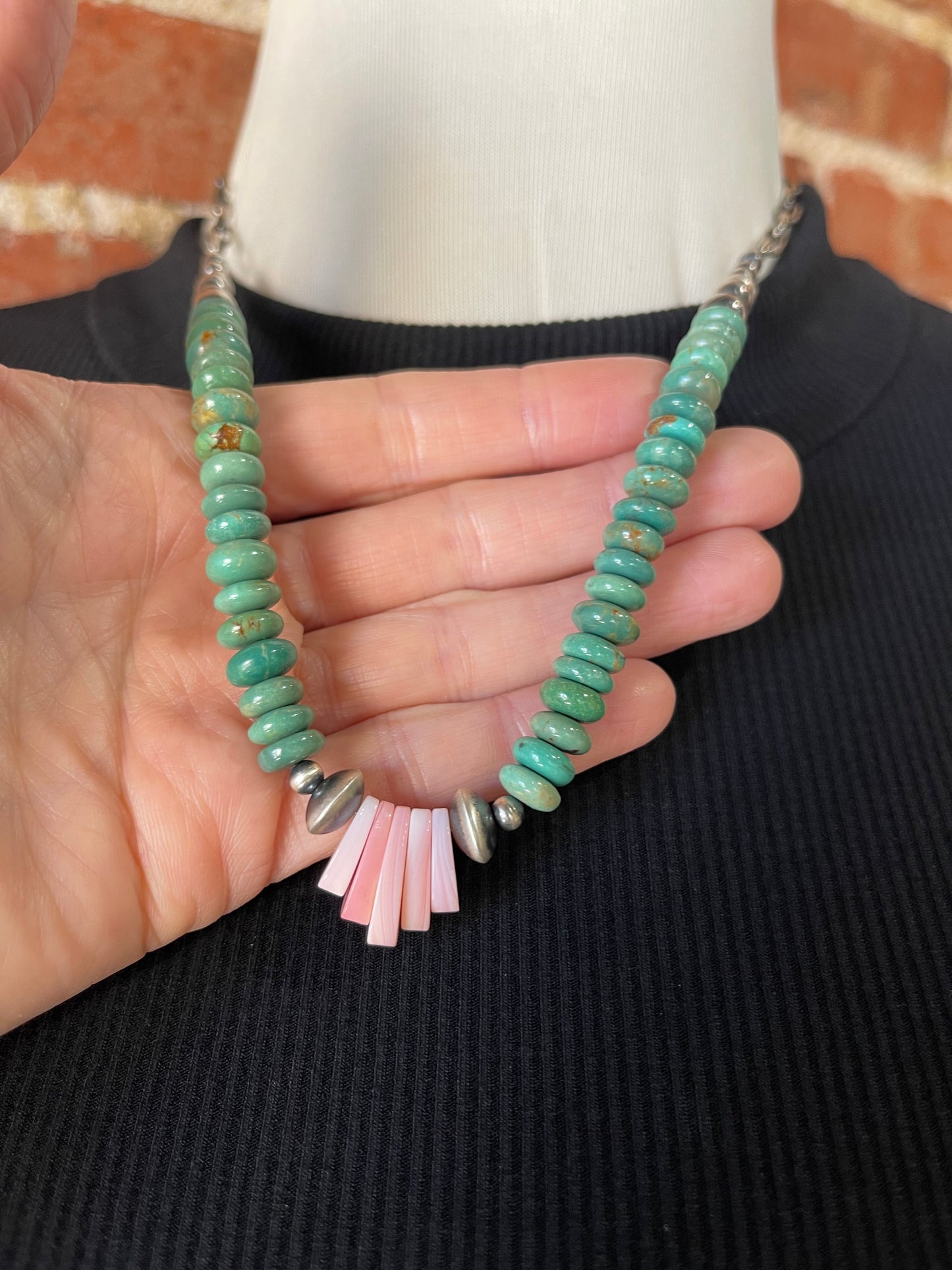 20" Emerald Valley Turquoise and Pink Conch Shell Necklace by Tammy Nolcott, Navajo