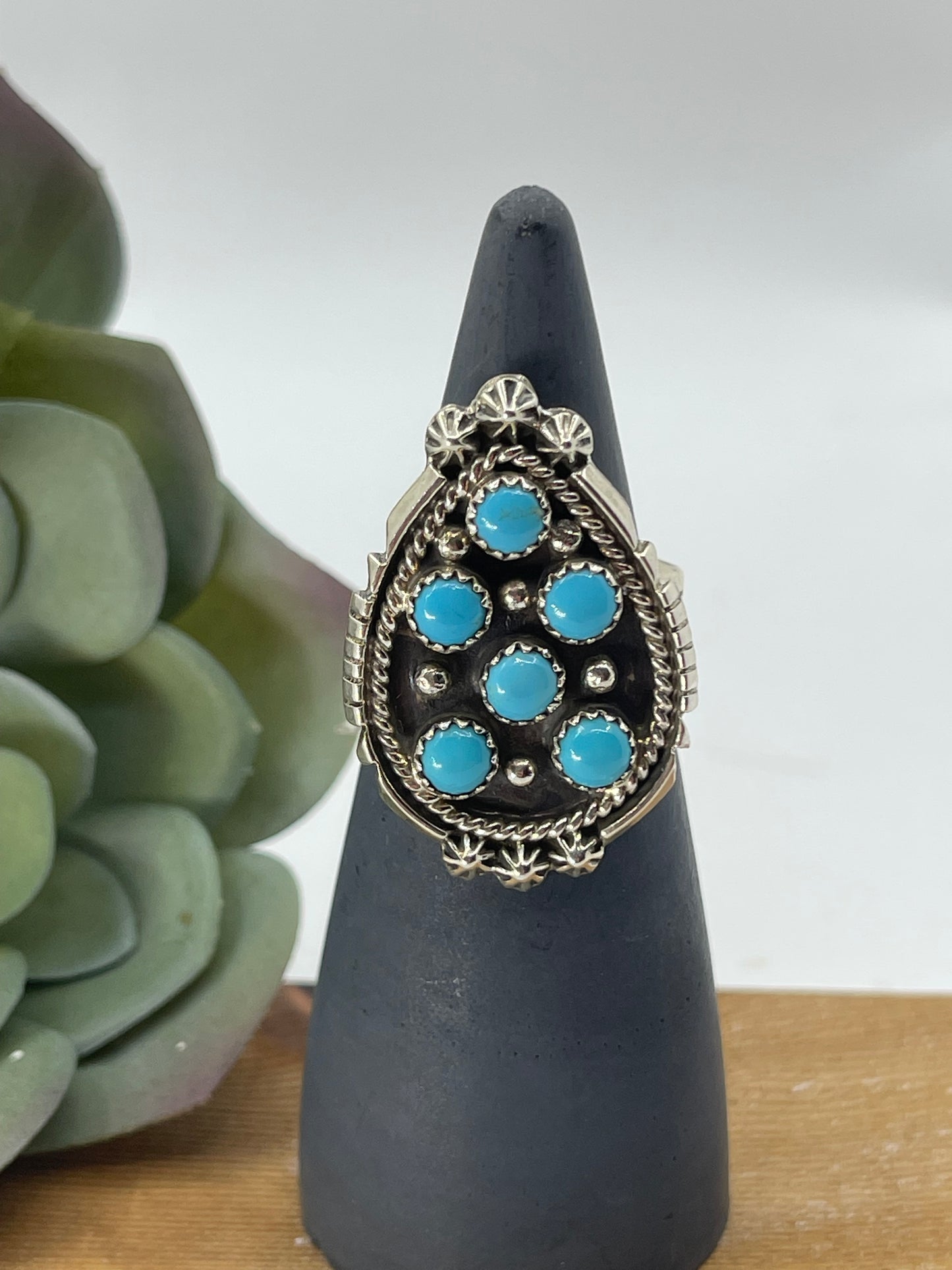 9.0 6 Stone Turquoise Teardrop Ring by Kenny Lonjose, Navajo
