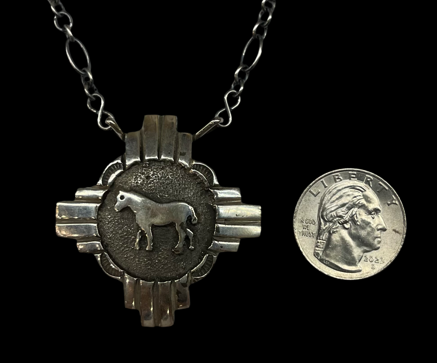 Sterling Silver Zia Symbol With Horse by Emerson Kinsel, Navajo