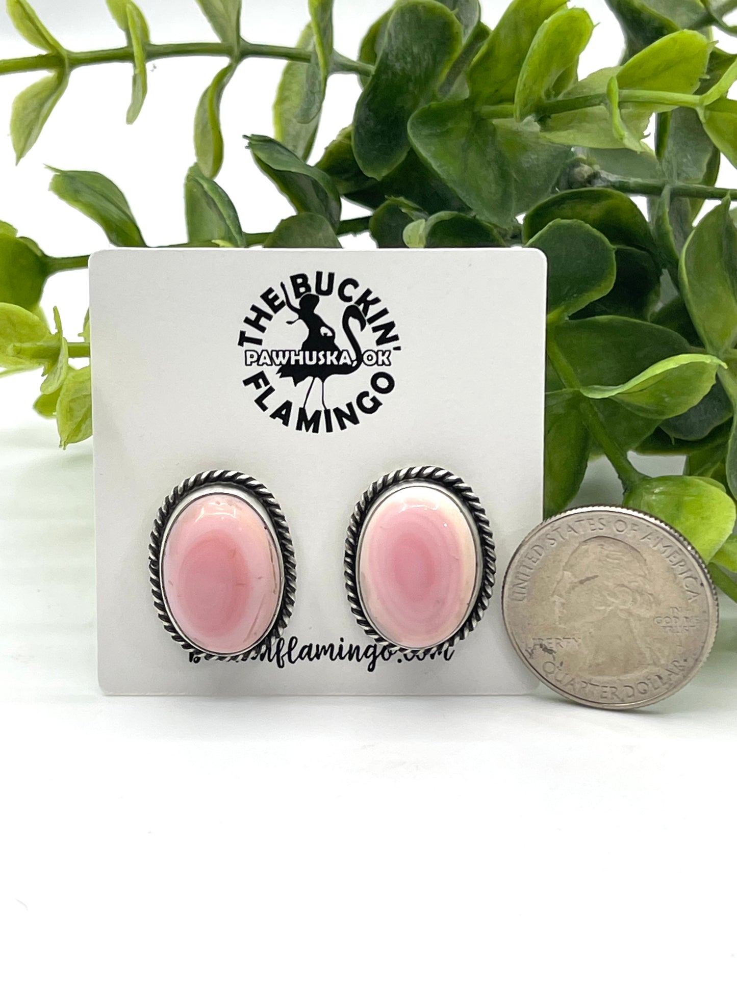 Oval Pink Conch Shell Top Post Earrings by Trish Largo, Navajo