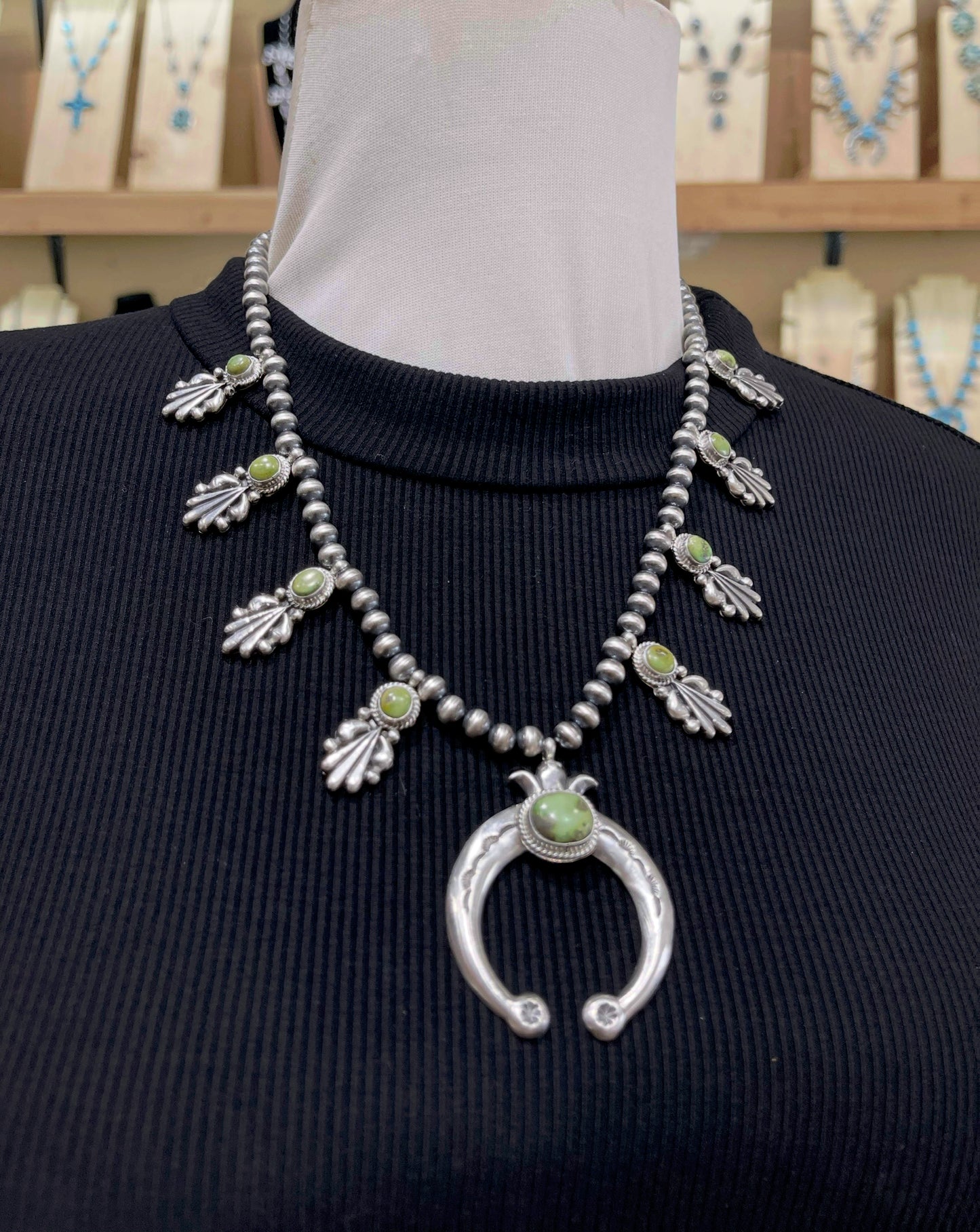 19" Sonoran Gold Turquoise Squash Blossom Necklace by Bobby Platero, Navajo