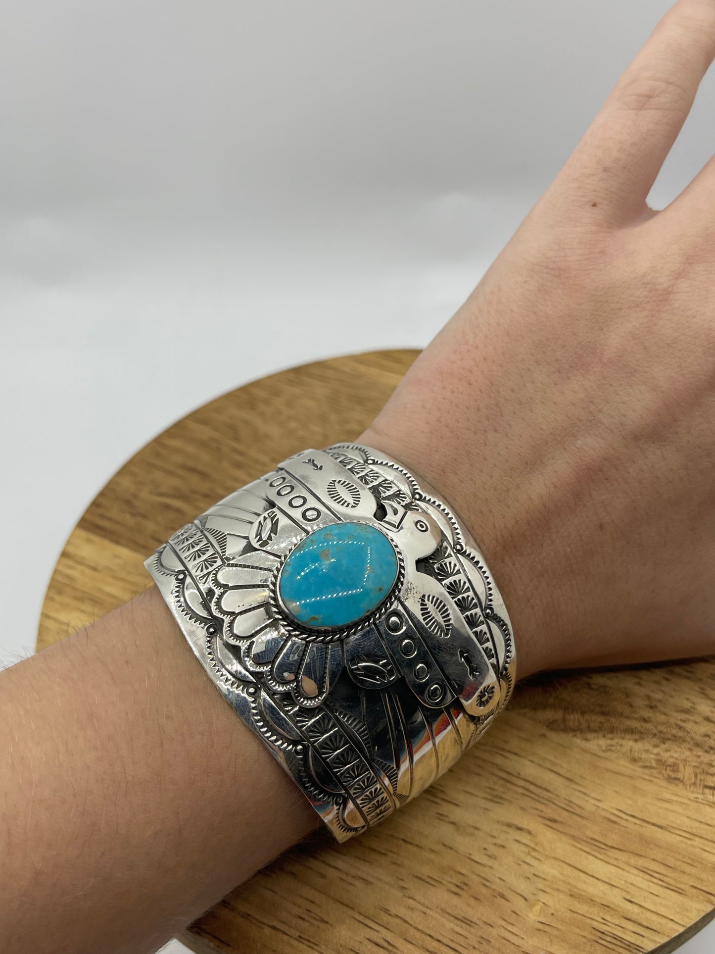 Thunderbird Cuff w/Turquoise by Evelyn BaHe, Navajo