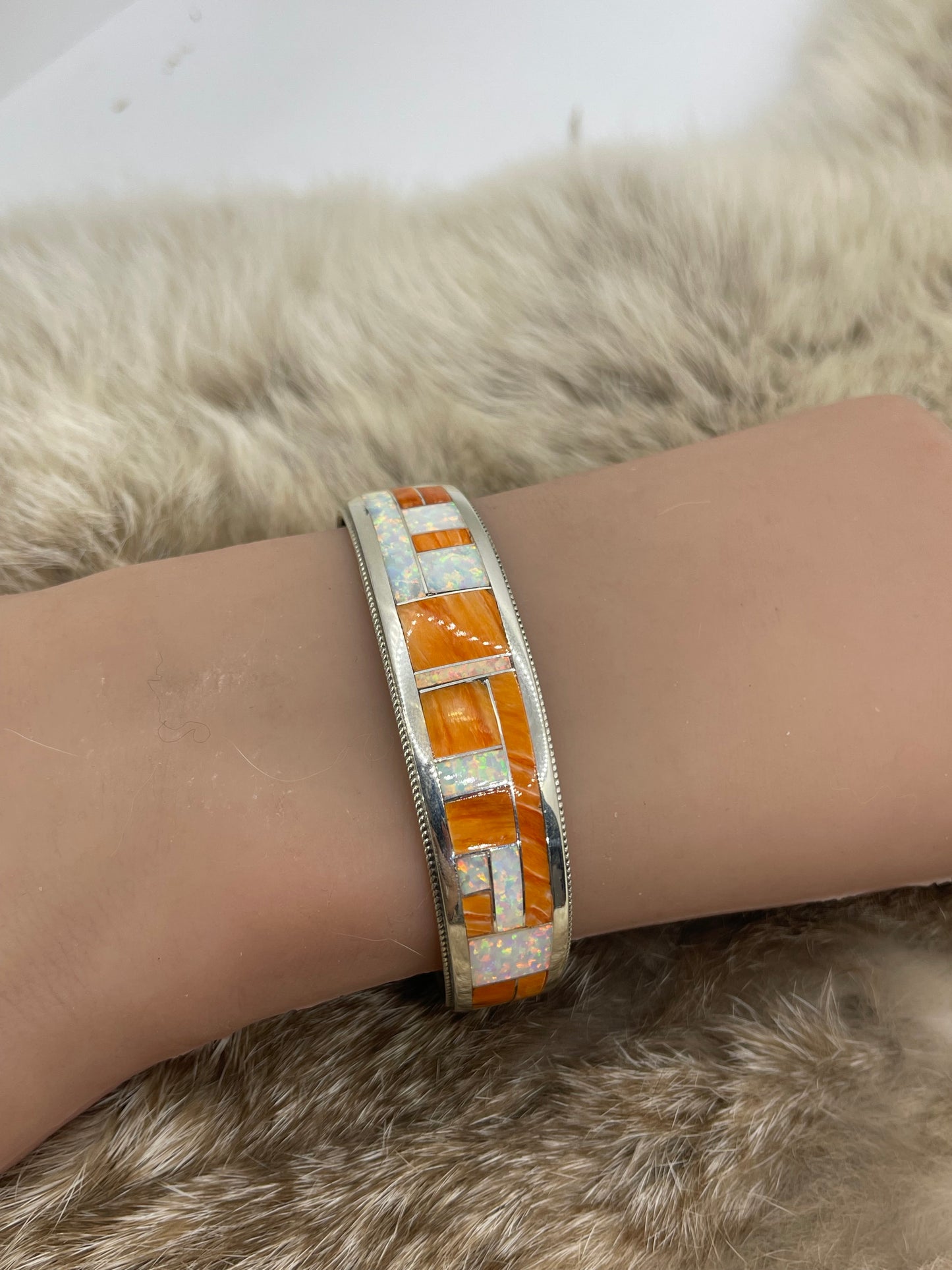 6.5" Orange Spiny & White Opal Inlay by Glendora Boogua