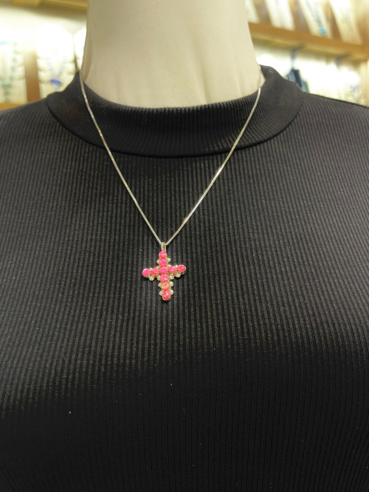20" Hot Pink Opal Zuni Snake Eye Cross Pendant by Marlon Quam, Zuni