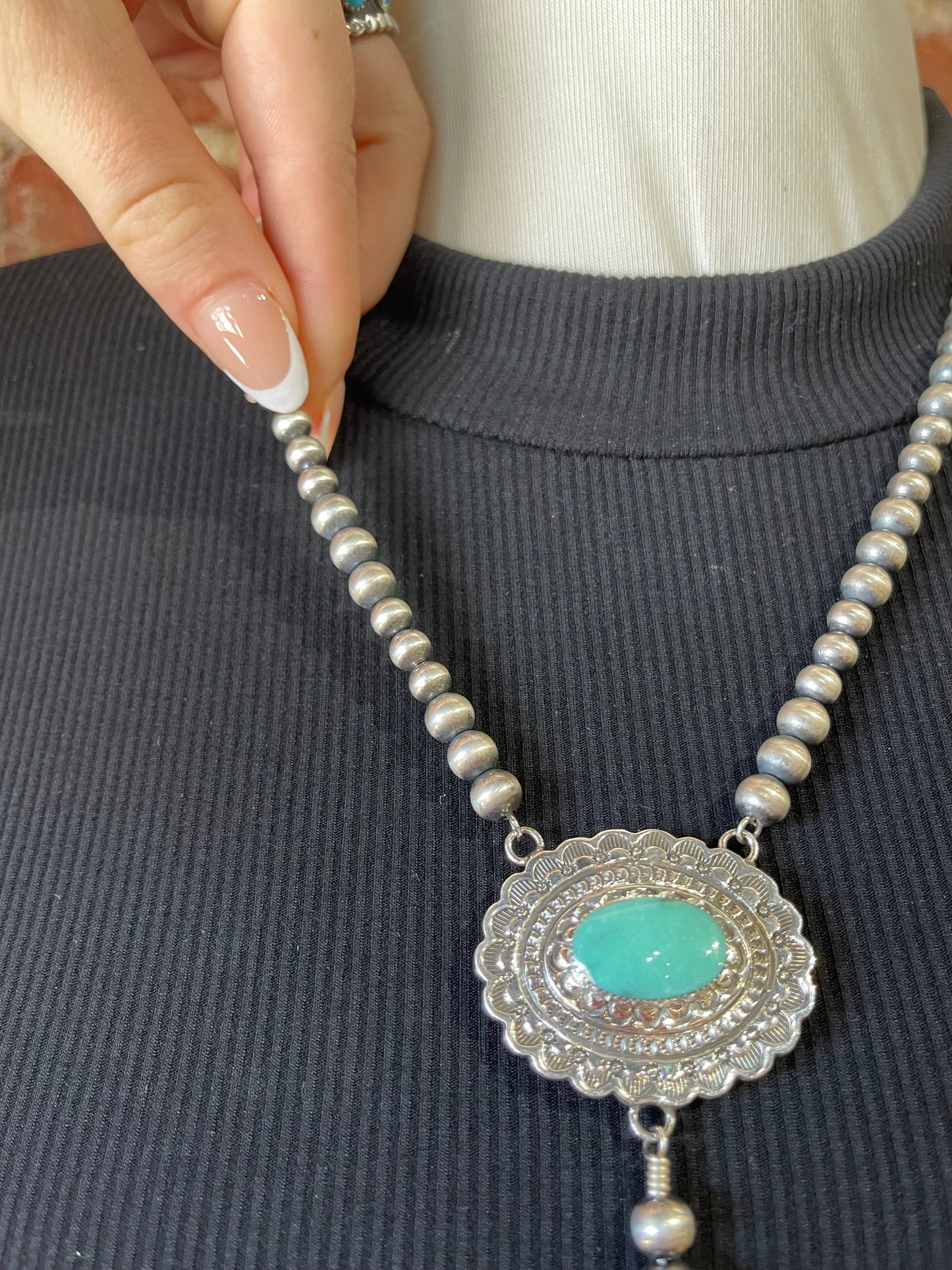 20"+10" Drop Navajo Pearls 2mm-7mm Turquoise Concho Lariat By Lucinda Sardo, Navajo