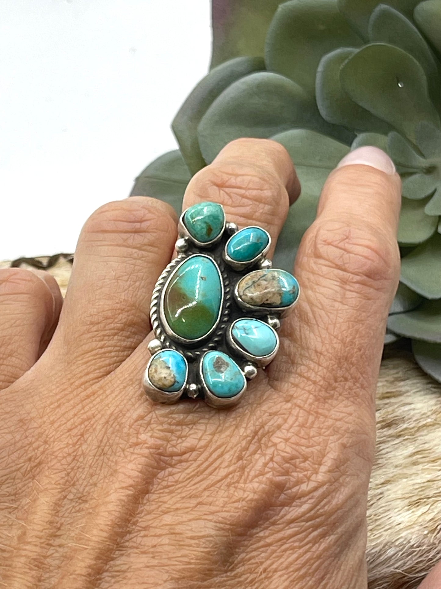 6.0-10.0 Adjustable Kingman Turquoise Half Cluster Ring by Geraldine James, Navajo
