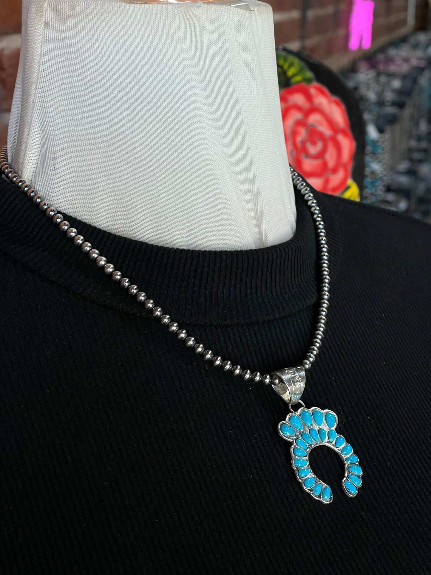 18" 4mm Navajo Pearls with Turquoise Naja 7.6mm Bale Pendant by Jimson Belin, Navajo