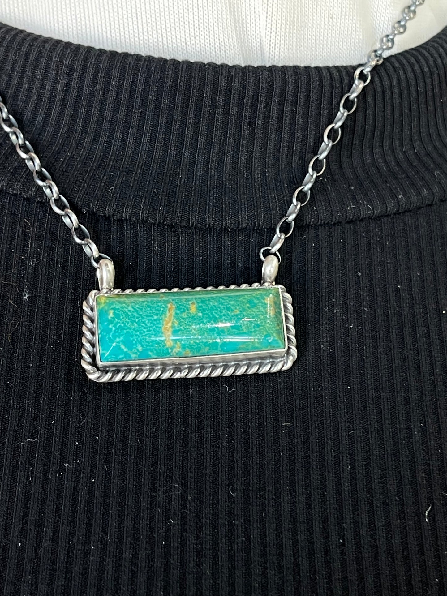16" Dark Green Kingman Turquoise Bar Necklace by Johnny Dixon, Navajo
