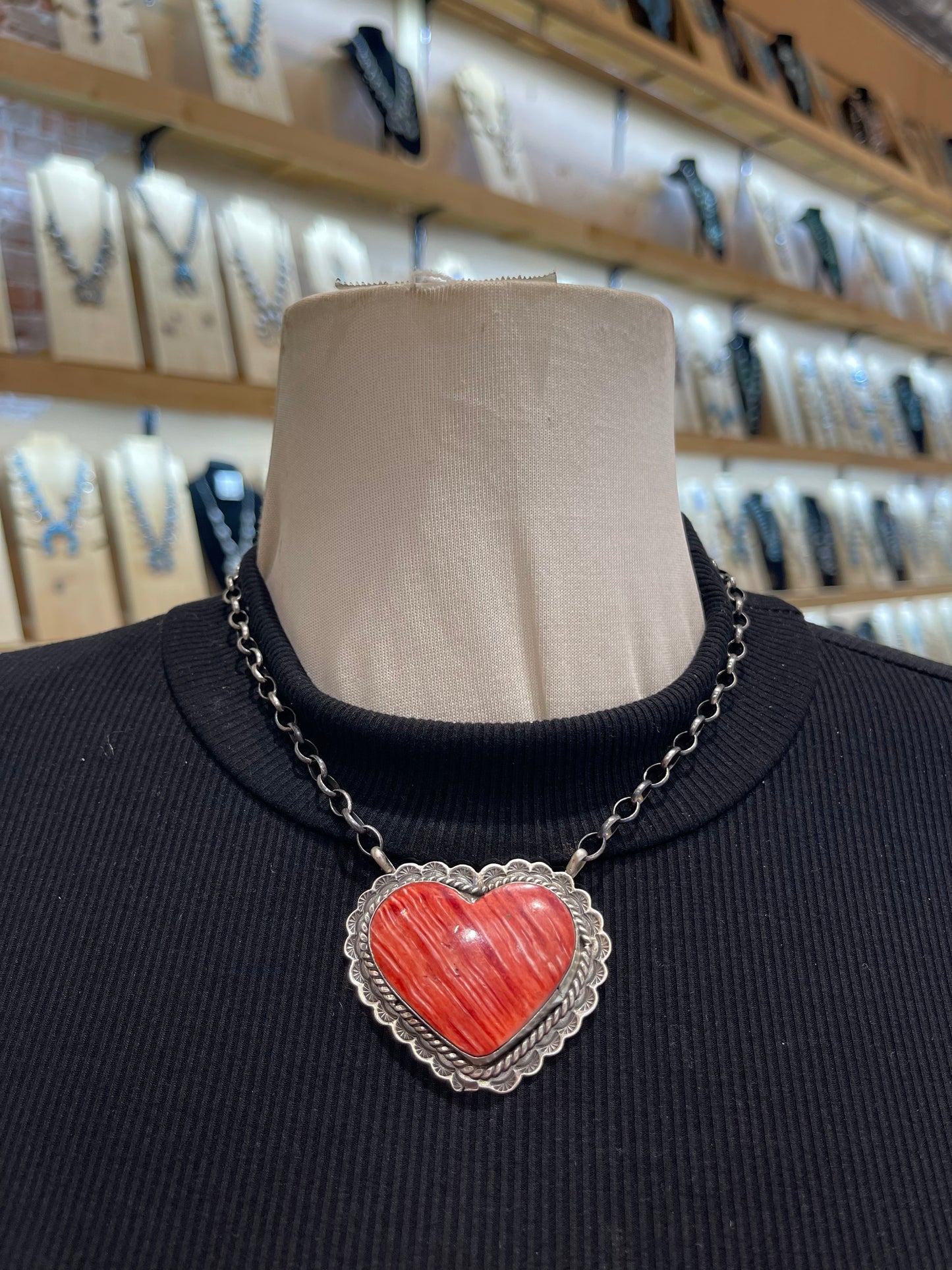 17" #8 Red Spiny Oyster Necklace by Rick Enriquez, Navajo