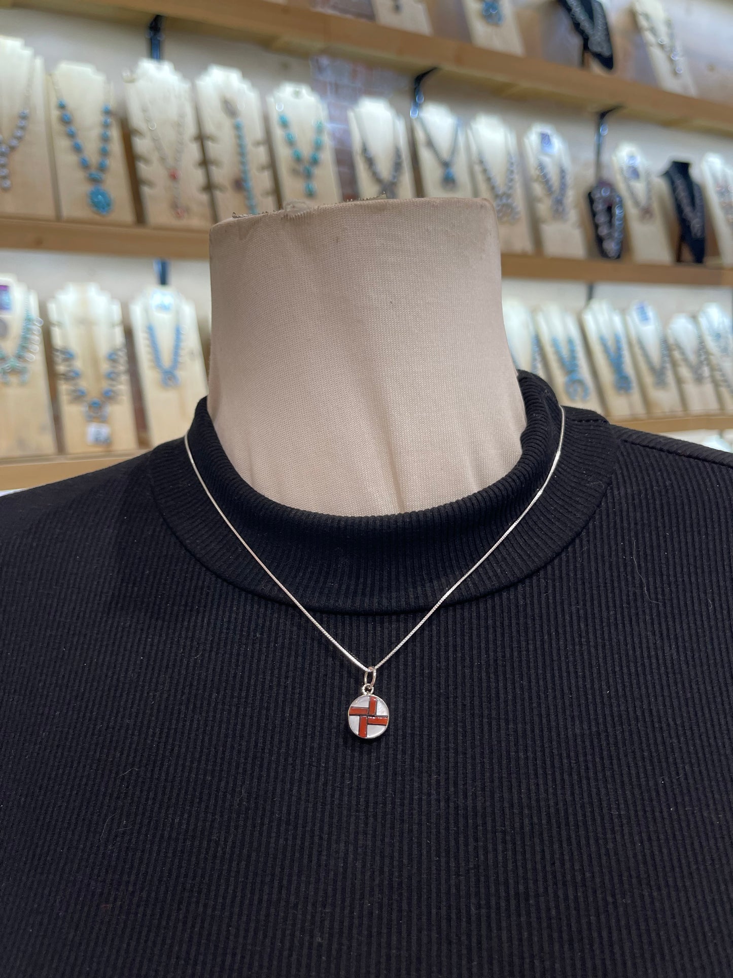 18" Chain with Inlaid Circle Pendant by James Cheama, Zuni